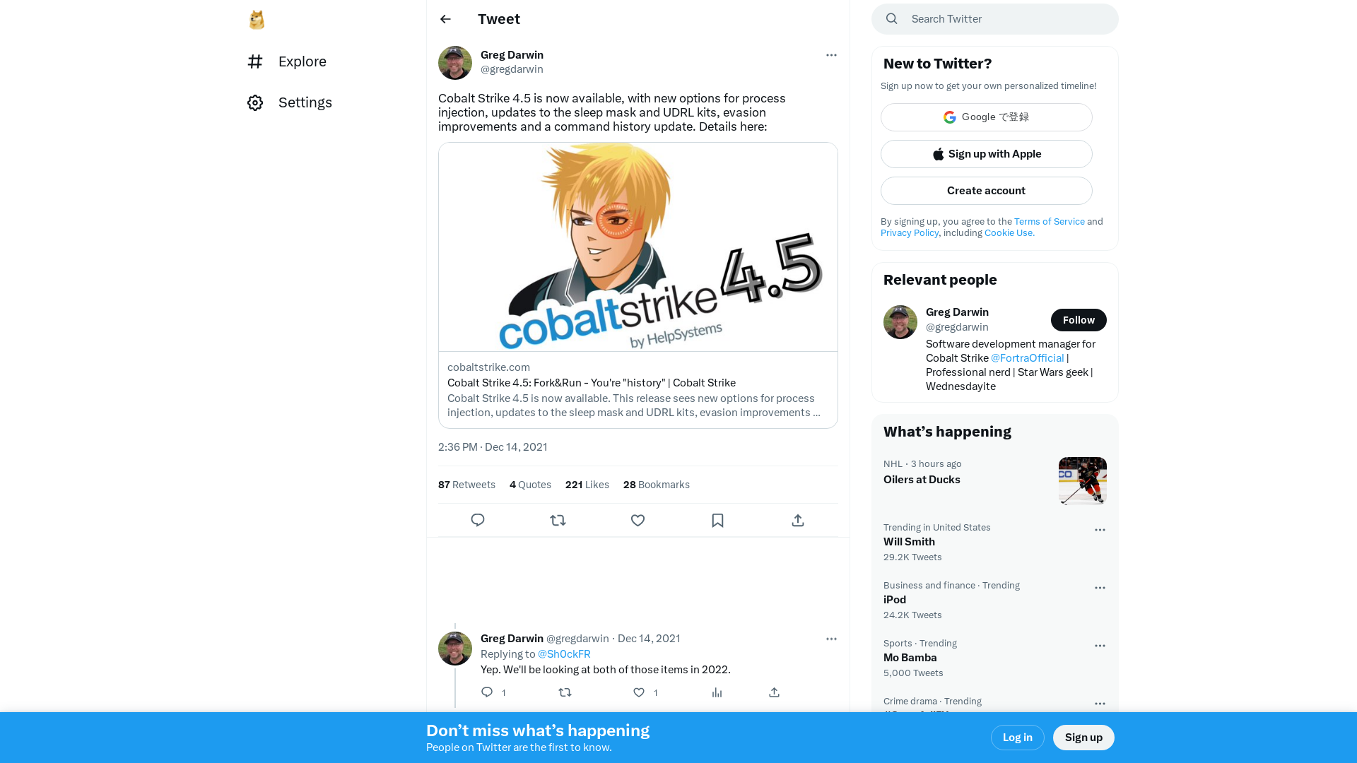 Greg Darwin on Twitter: "Cobalt Strike 4.5 is now available, with new options for process injection, updates to the sleep mask and UDRL kits, evasion improvements and a command history update. Details here: https://t.co/pA3tTgnMHR" / Twitter