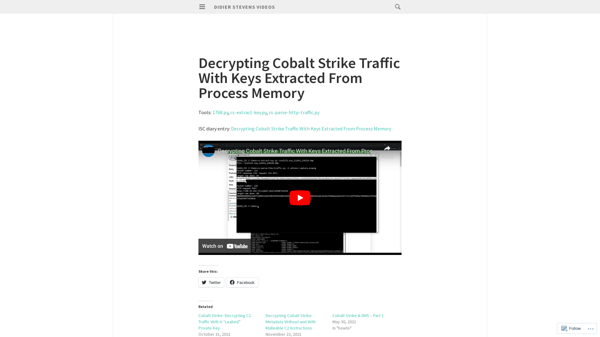 Decrypting Cobalt Strike Traffic With Keys Extracted From Process Memory – Didier Stevens Videos