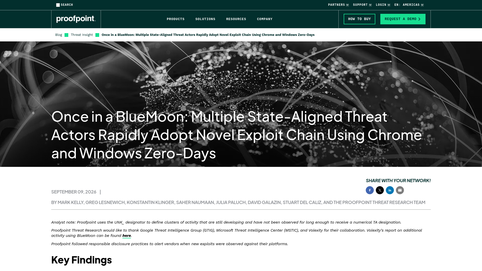 Once in a BlueMoon: Multiple State-Aligned Threat Actors Rapidly Adopt Novel Exploit Chain Using Chrome and Windows Zero-Days | Proofpoint US