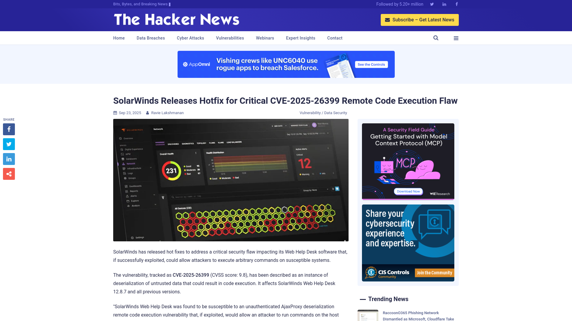 SolarWinds Releases Hotfix for Critical CVE-2025-26399 Remote Code Execution Flaw