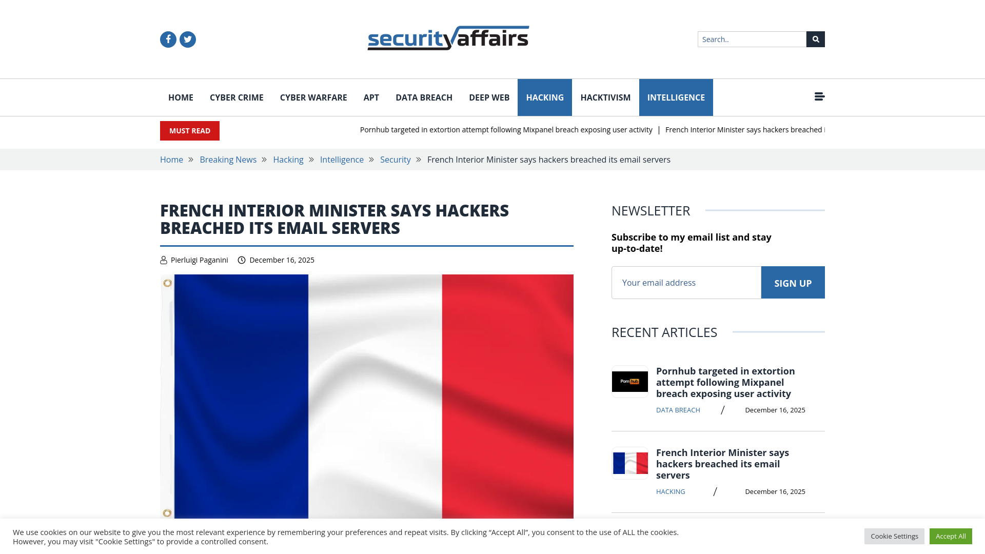French Interior Minister says hackers breached its email servers