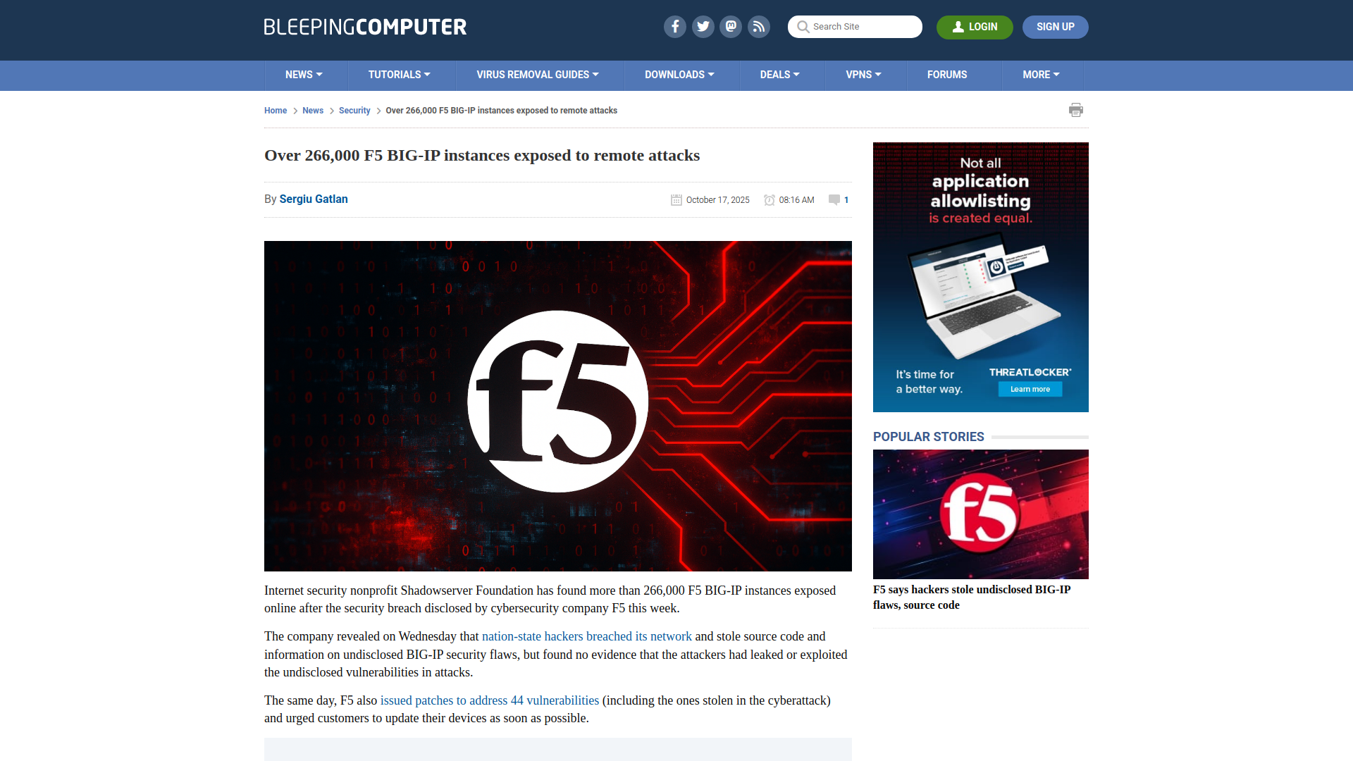 Over 266,000 F5 BIG-IP instances exposed to remote attacks