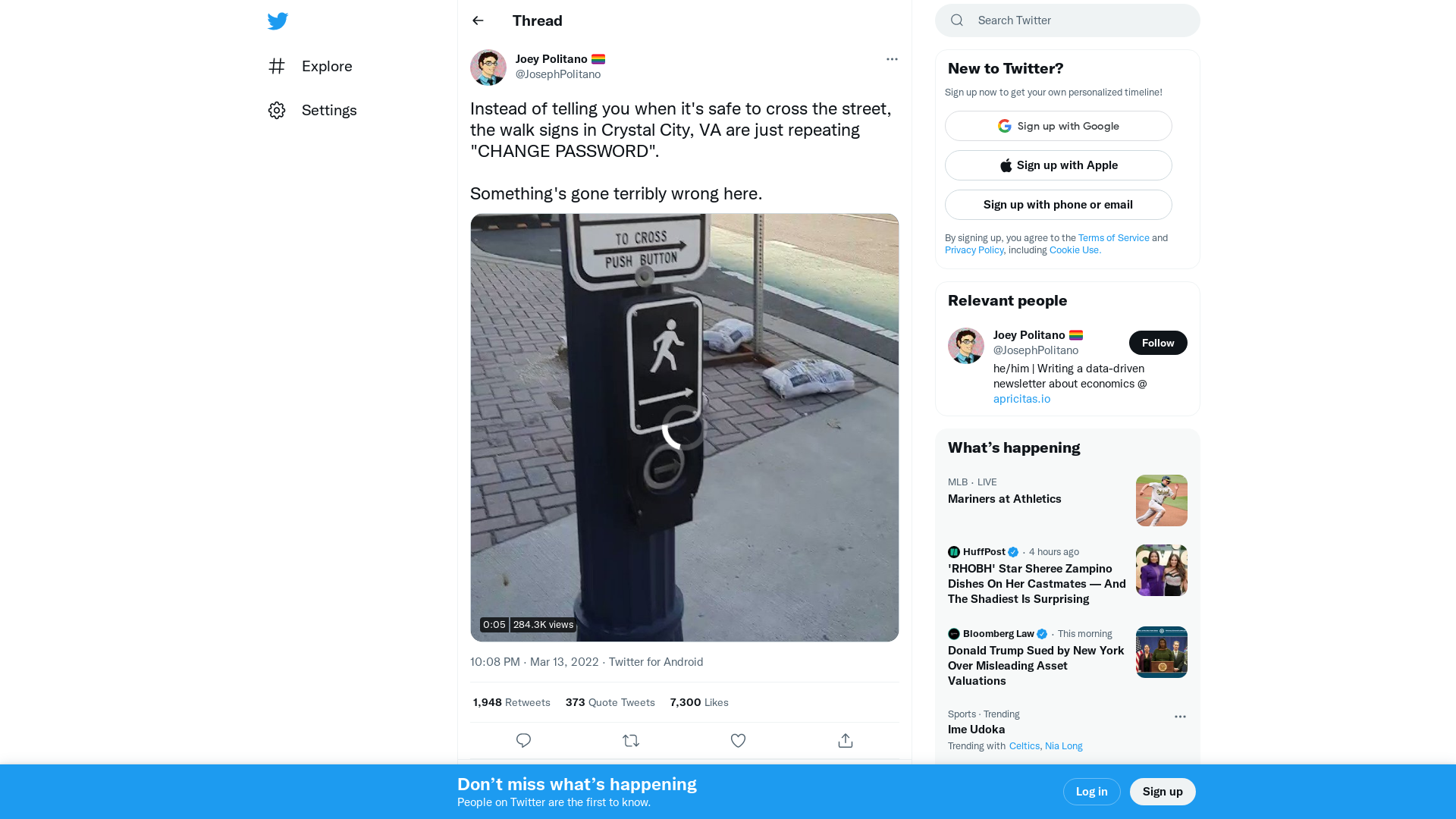 Joey Politano 🏳️‍🌈 on Twitter: "Instead of telling you when it's safe to cross the street, the walk signs in Crystal City, VA are just repeating "CHANGE PASSWORD". Something's gone terribly wrong here. https://t.co/W5h8OjBXUu" / Twitter
