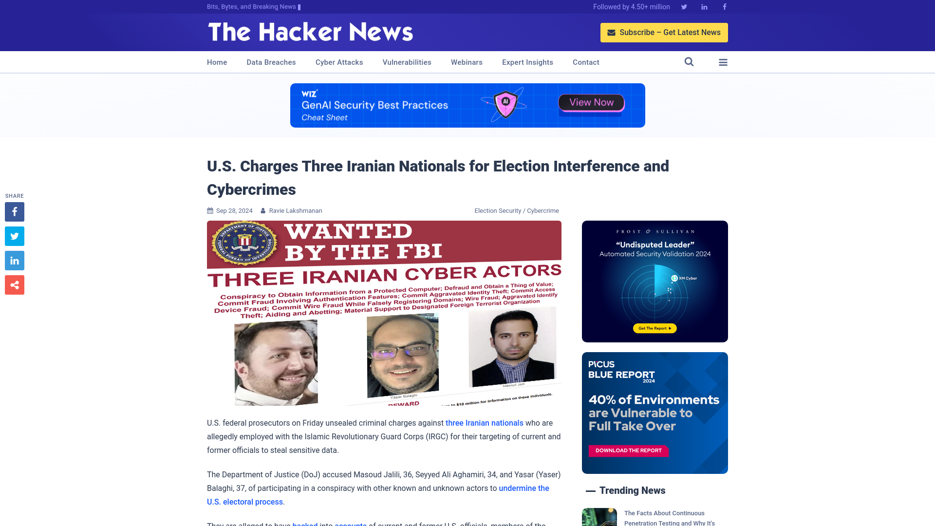 U.S. Charges Three Iranian Nationals for Election Interference and Cybercrimes