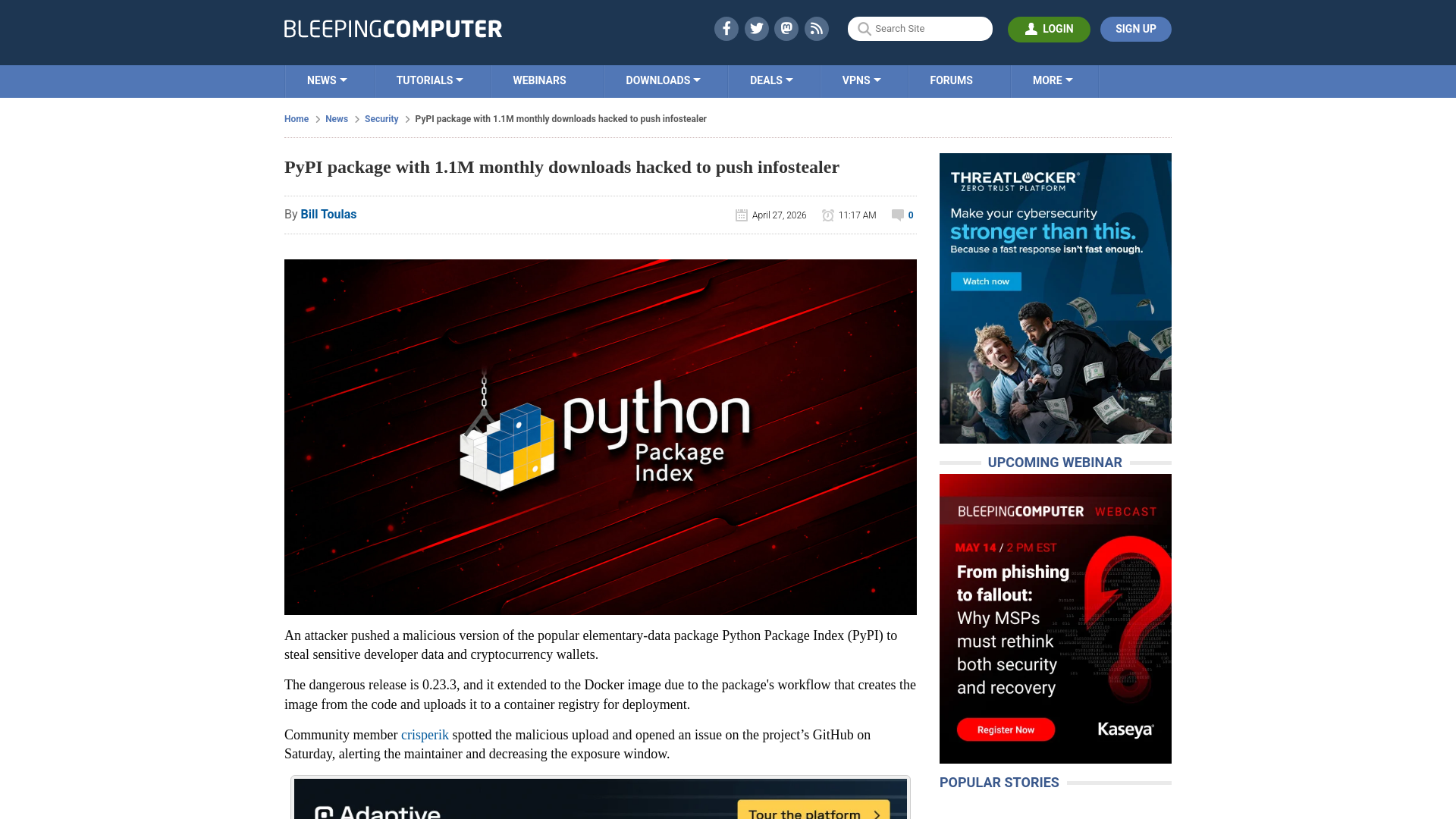 PyPI package with 1.1M monthly downloads hacked to push infostealer