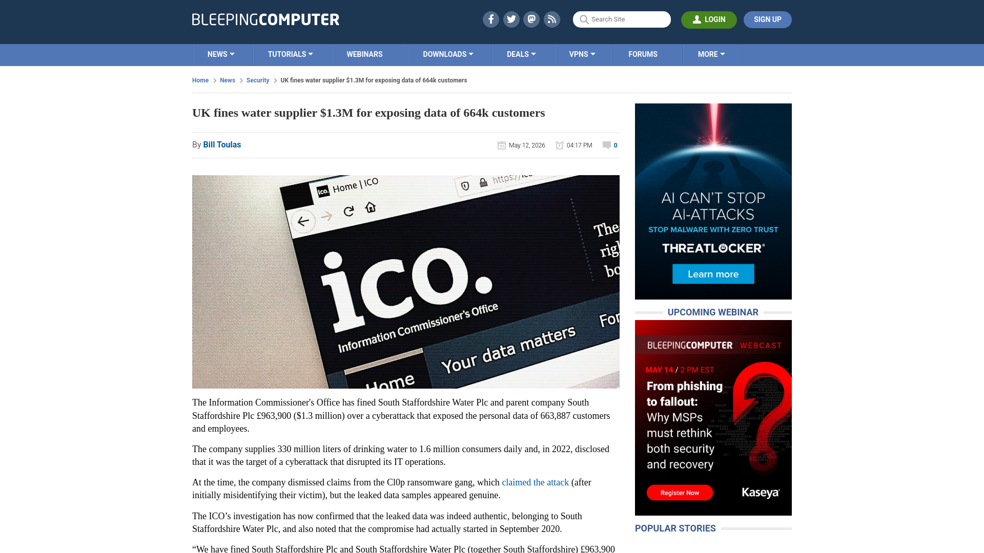 UK fines water supplier $1.3M for exposing data of 664k customers