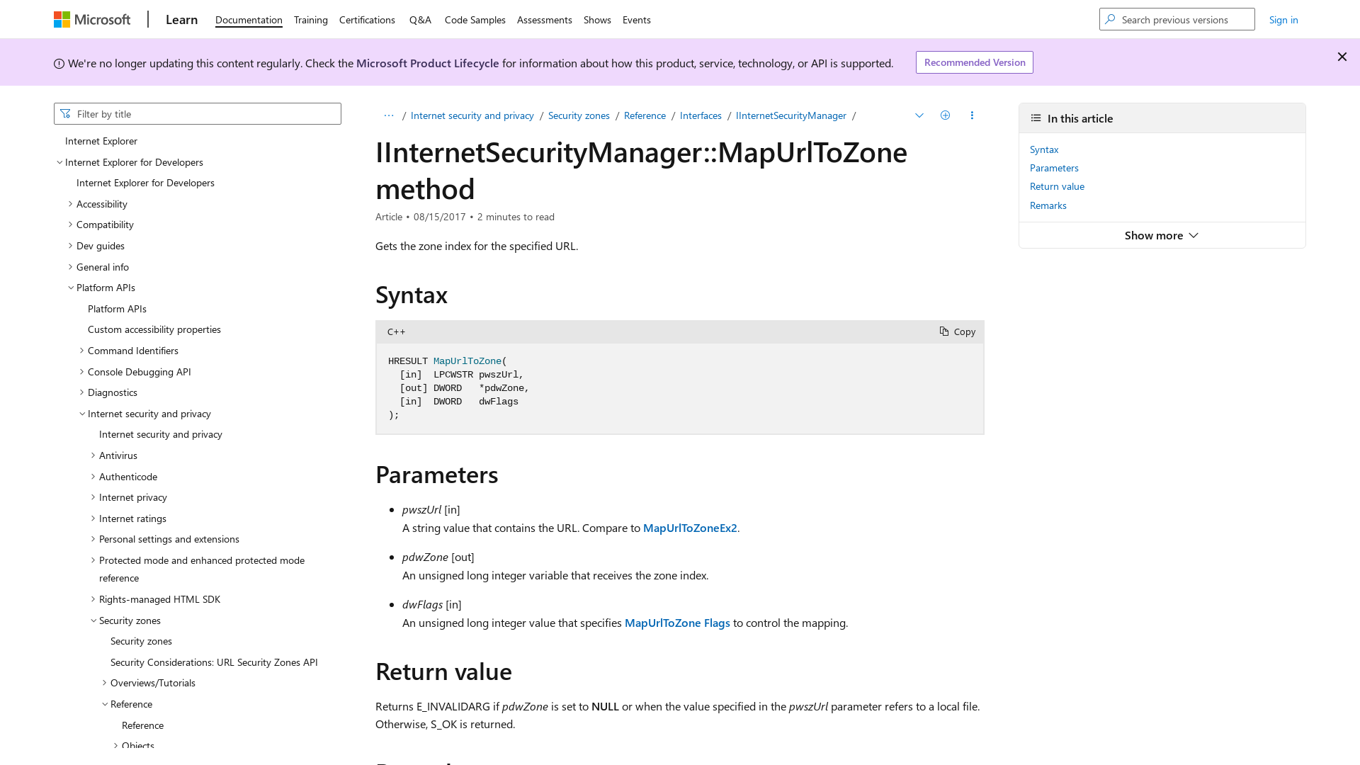 IInternetSecurityManager::MapUrlToZone method (Windows) | Microsoft Learn