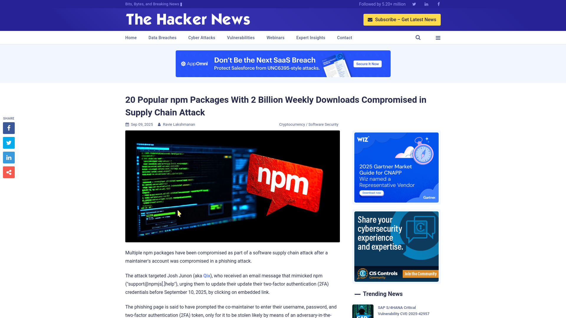 20 Popular npm Packages With 2 Billion Weekly Downloads Compromised in Supply Chain Attack