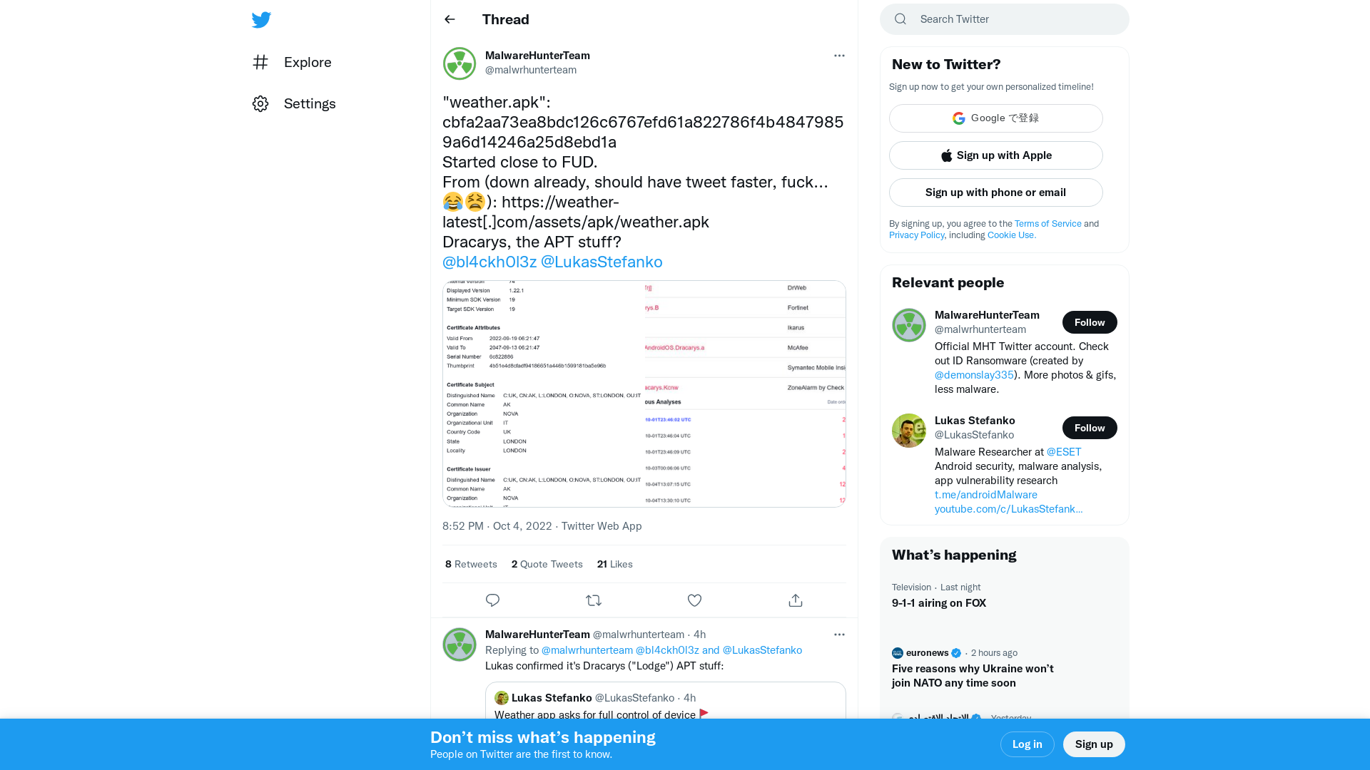 MalwareHunterTeam on Twitter: ""weather.apk": cbfa2aa73ea8bdc126c6767efd61a822786f4b48479859a6d14246a25d8ebd1a Started close to FUD. From (down already, should have tweet faster, fuck... 😂😫): https://weather-latest[.]com/assets/apk/weather.apk Dracarys, the APT stuff? @bl4ckh0l3z @LukasStefanko https://t.co/1CNrl7kdbt" / Twitter