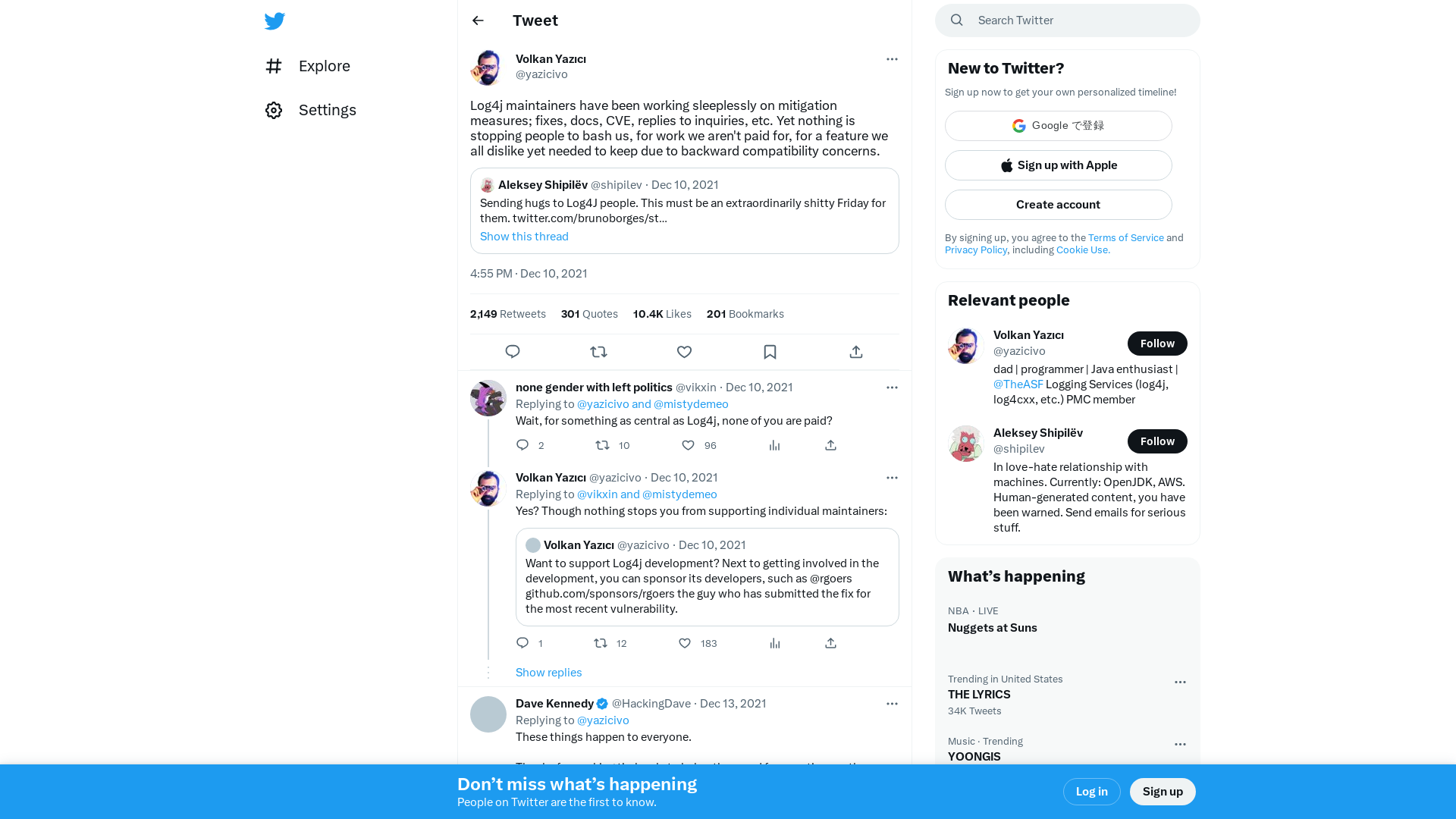 Volkan Yazıcı on Twitter: "Log4j maintainers have been working sleeplessly on mitigation measures; fixes, docs, CVE, replies to inquiries, etc. Yet nothing is stopping people to bash us, for work we aren't paid for, for a feature we all dislike yet needed to keep due to backward compatibility concerns." / Twitter