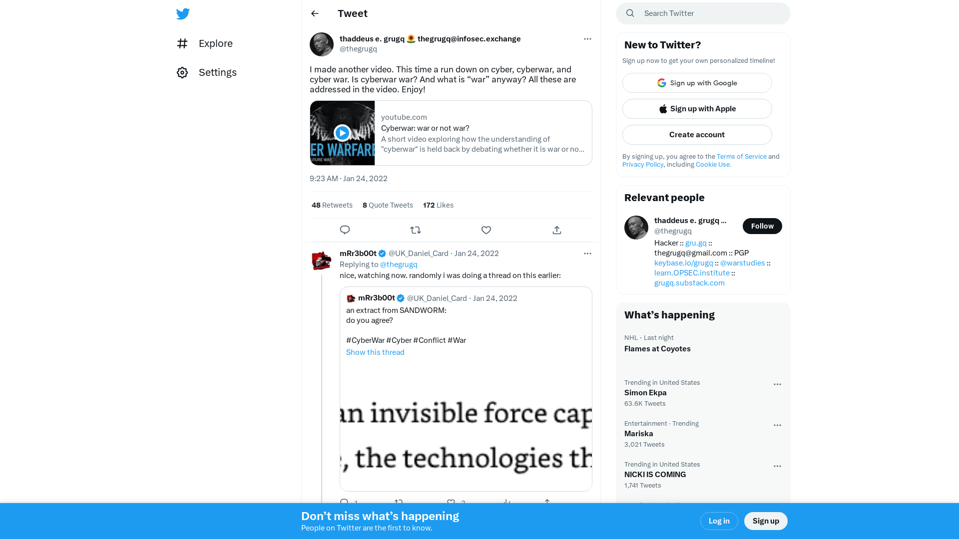 thaddeus e. grugq 🌻 thegrugq@infosec.exchange on Twitter: "I made another video. This time a run down on cyber, cyberwar, and cyber war. Is cyberwar war? And what is “war” anyway? All these are addressed in the video. Enjoy! https://t.co/NDPWS7JzGt" / Twitter