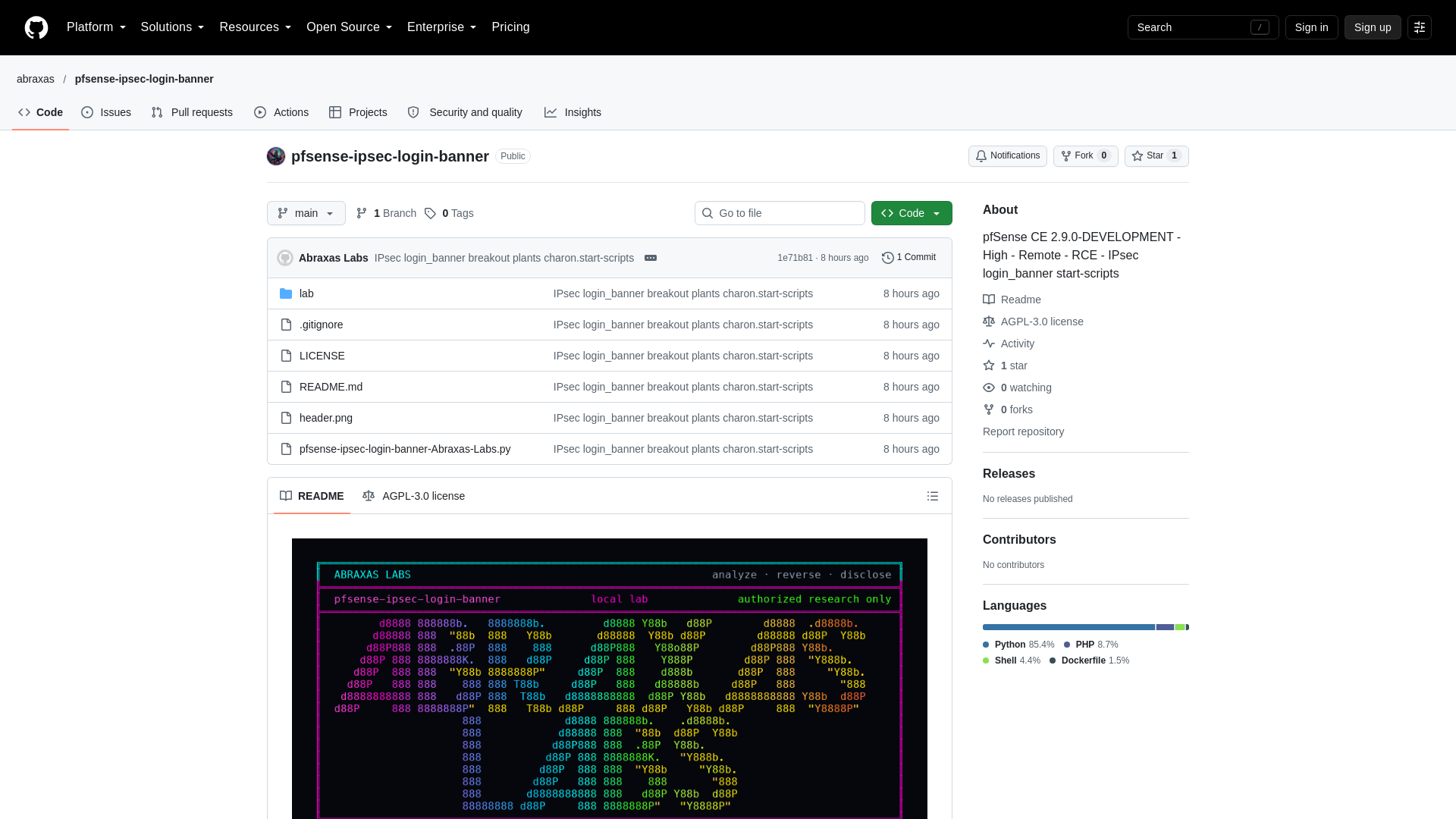 GitHub - abraxas/pfsense-ipsec-login-banner: pfSense CE 2.9.0-DEVELOPMENT - High - Remote - RCE - IPsec login_banner start-scripts · GitHub