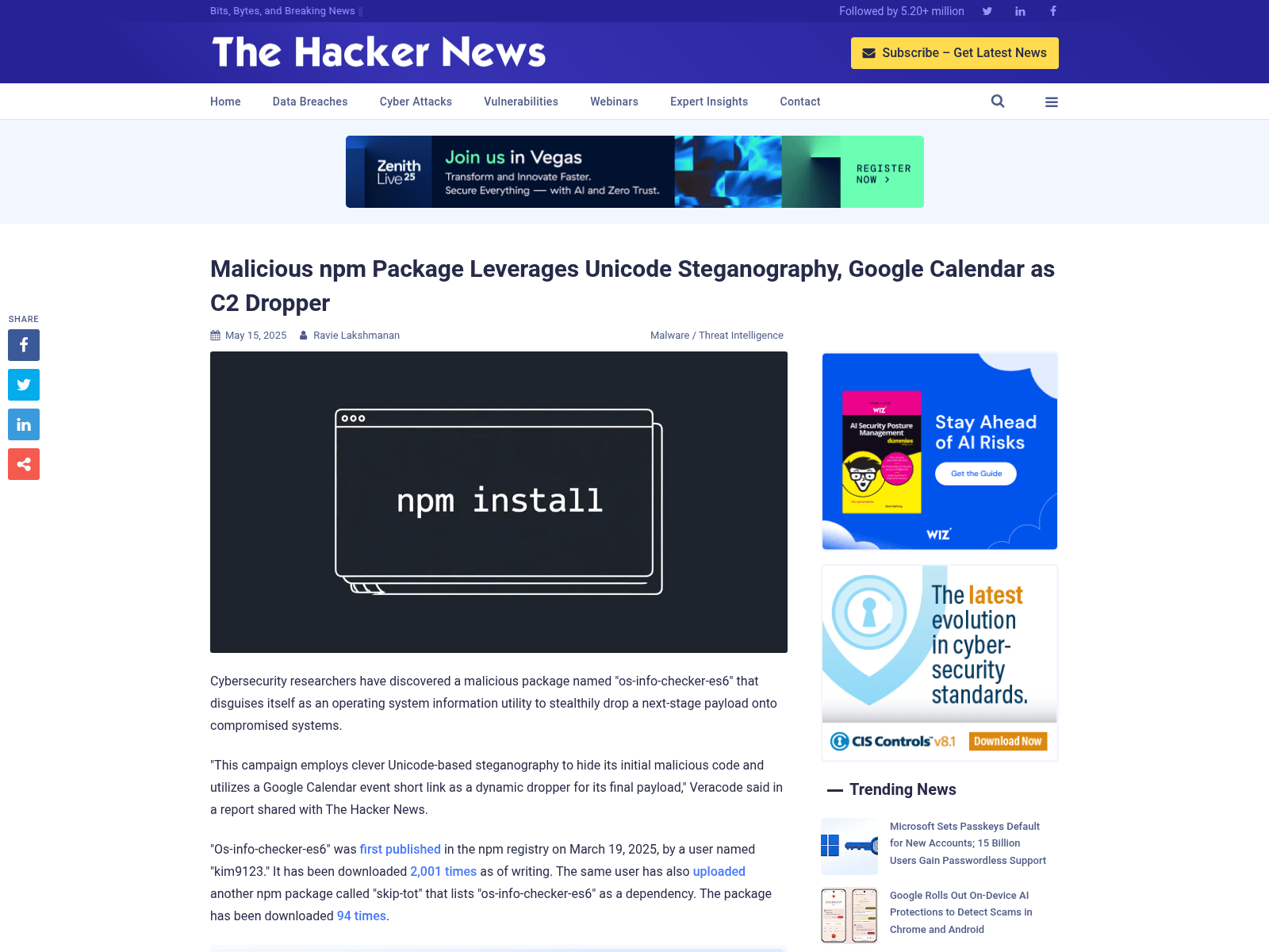 Malicious npm Package Leverages Unicode Steganography, Google Calendar as C2 Dropper