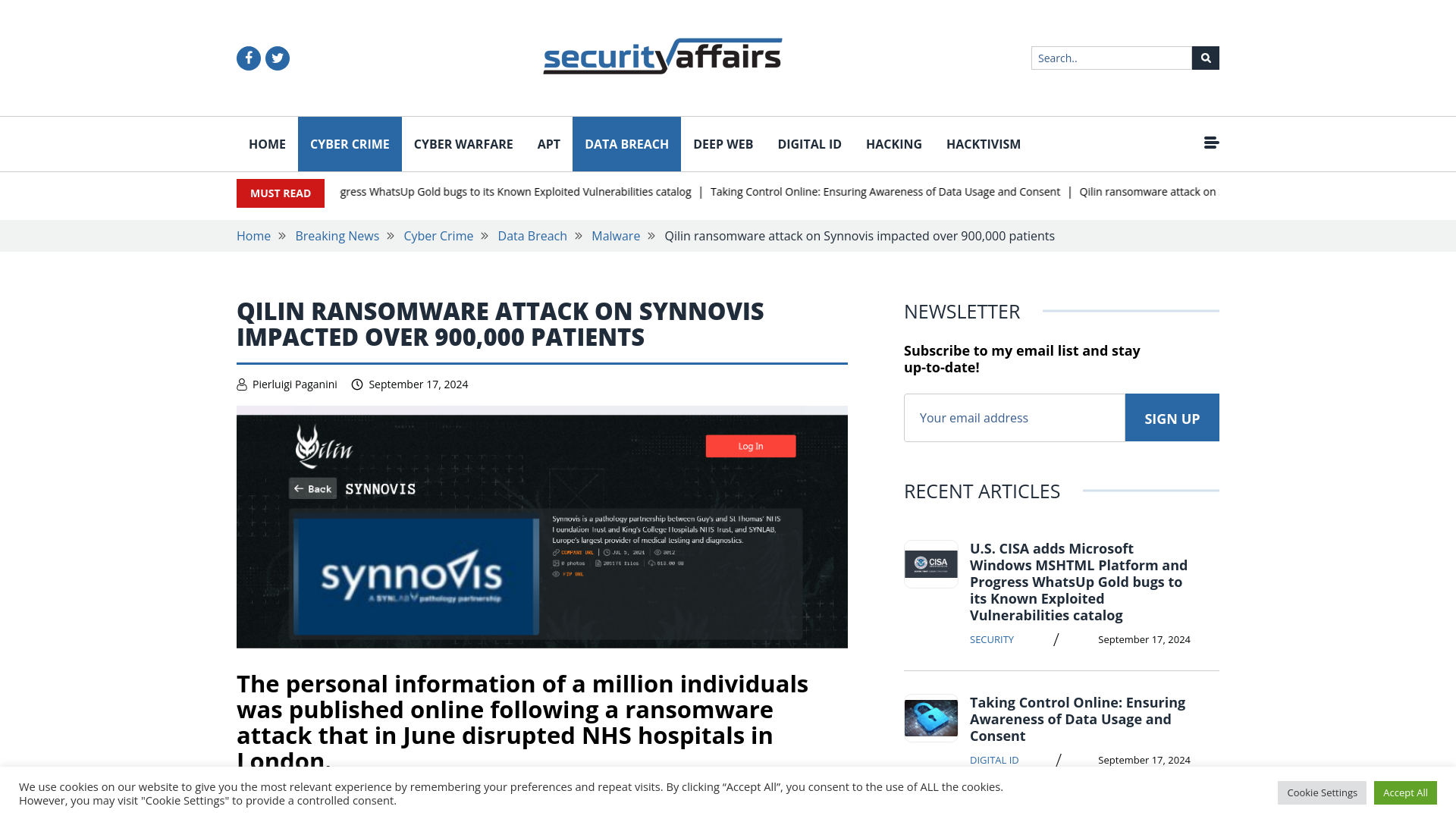 Qilin ransomware attack on Synnovis impacted over 900K patients