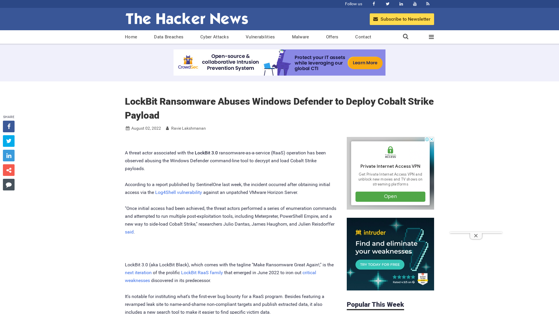 LockBit Ransomware Abuses Windows Defender to Deploy Cobalt Strike Payload