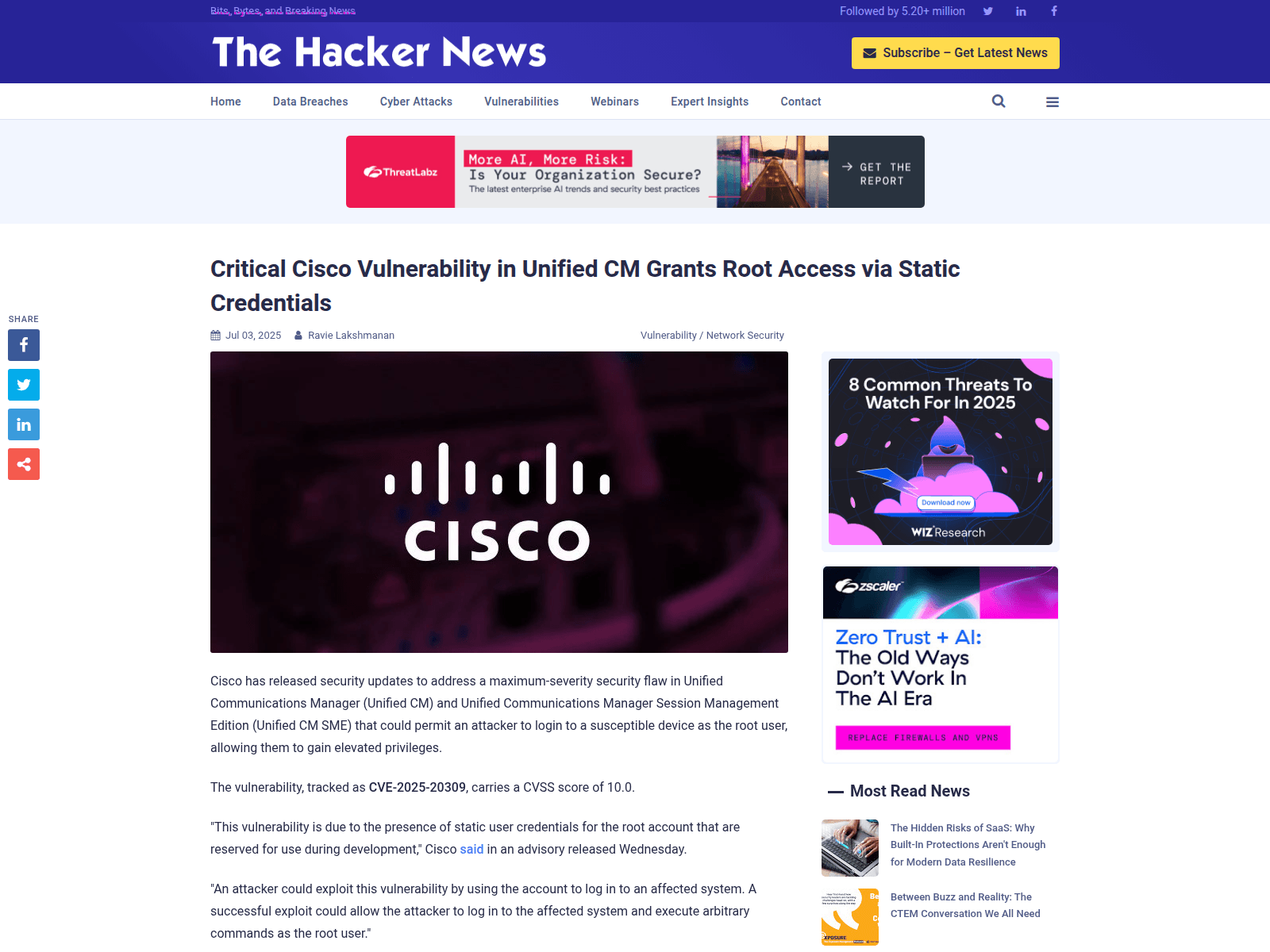Critical Cisco Vulnerability in Unified CM Grants Root Access via Static Credentials