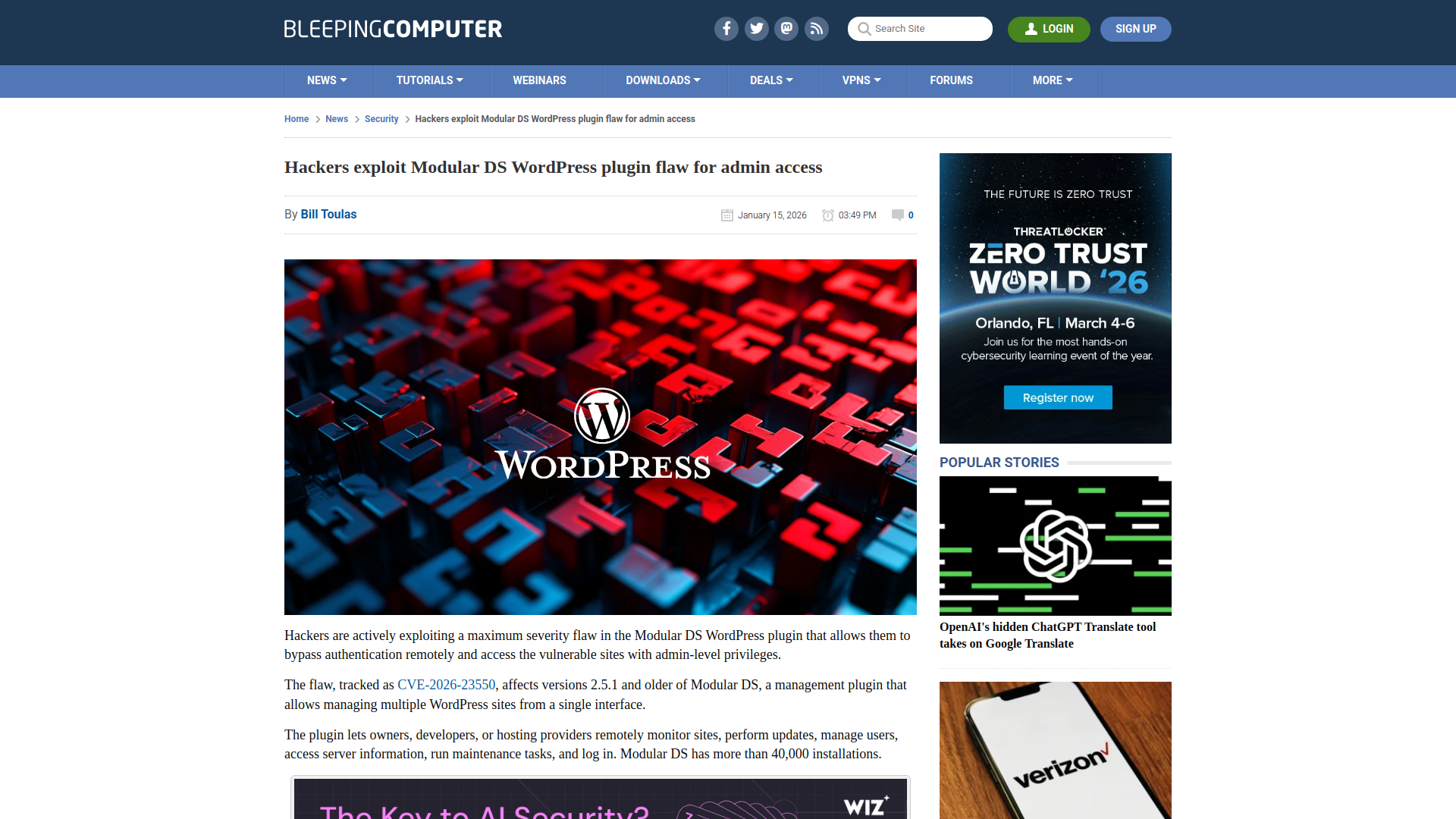 Hackers exploit Modular DS WordPress plugin flaw for admin access