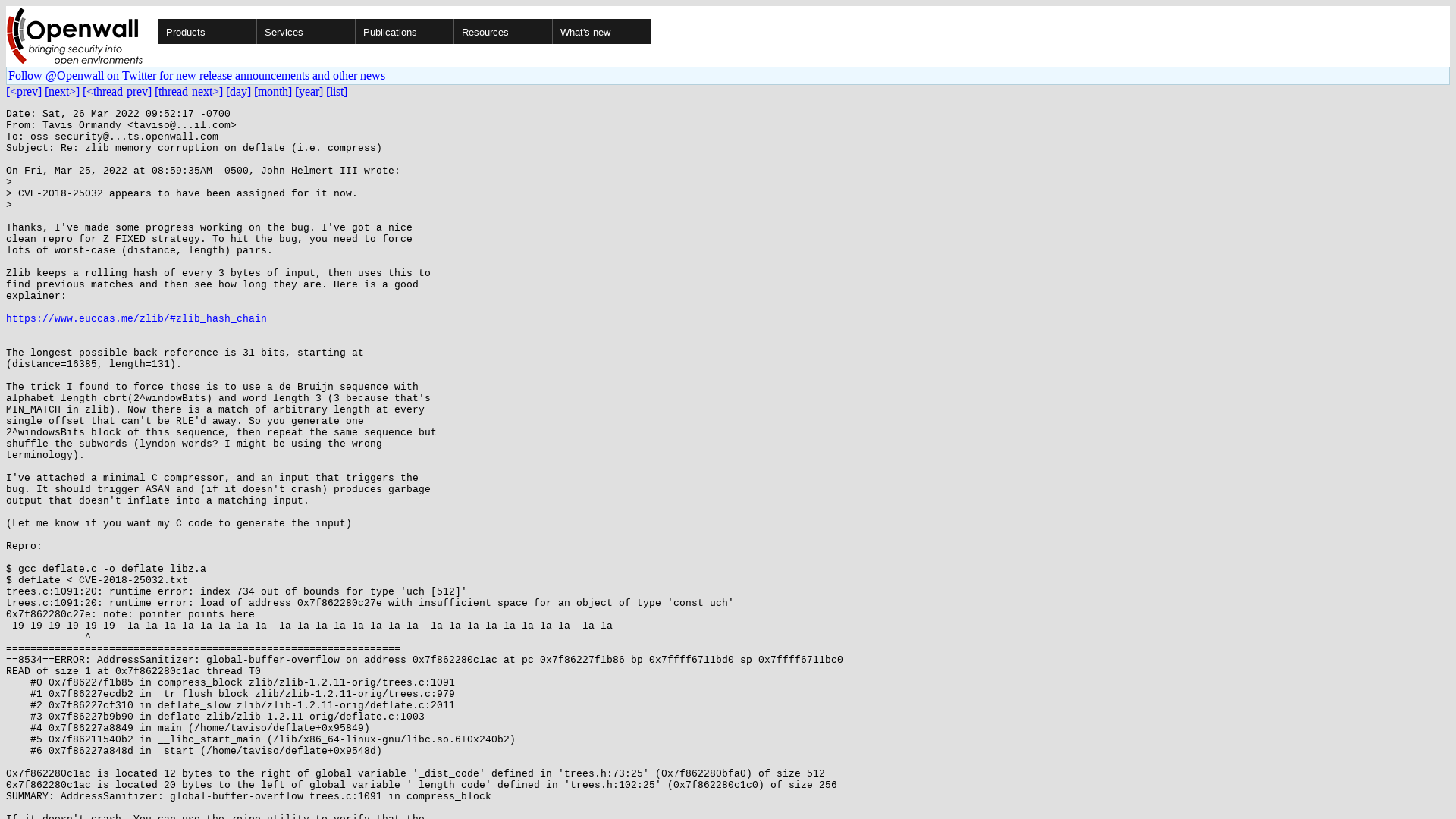 oss-security - Re: zlib memory corruption on deflate (i.e. compress)