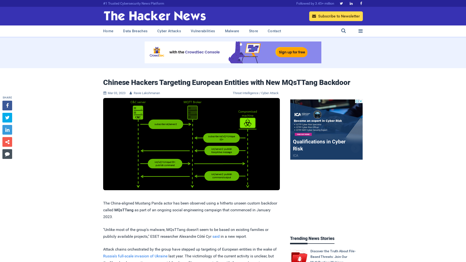 Chinese Hackers Targeting European Entities with New MQsTTang Backdoor