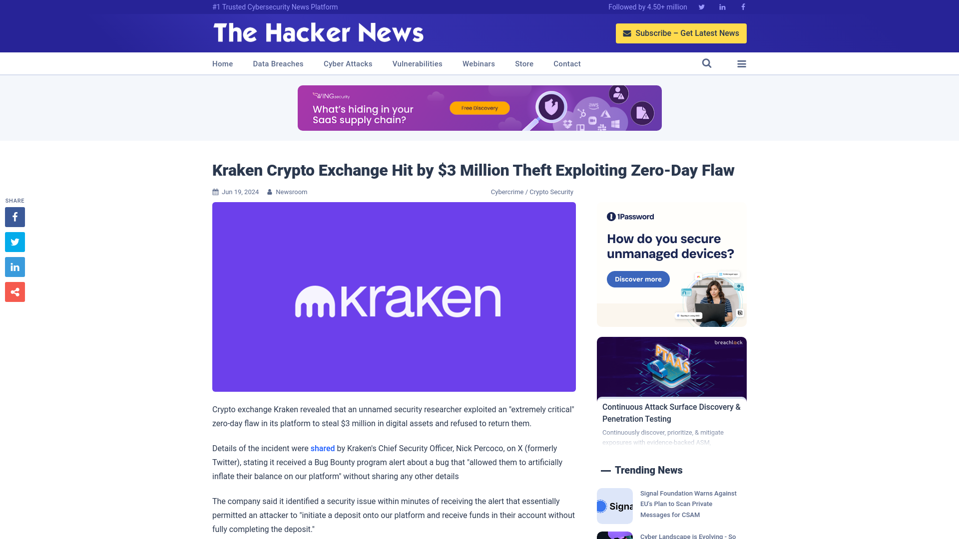 Kraken Crypto Exchange Hit by $3 Million Theft Exploiting Zero-Day Flaw