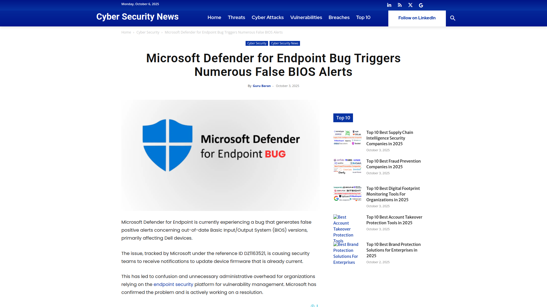 Microsoft Defender for Endpoint Bug Triggers Numerous False BIOS Alerts