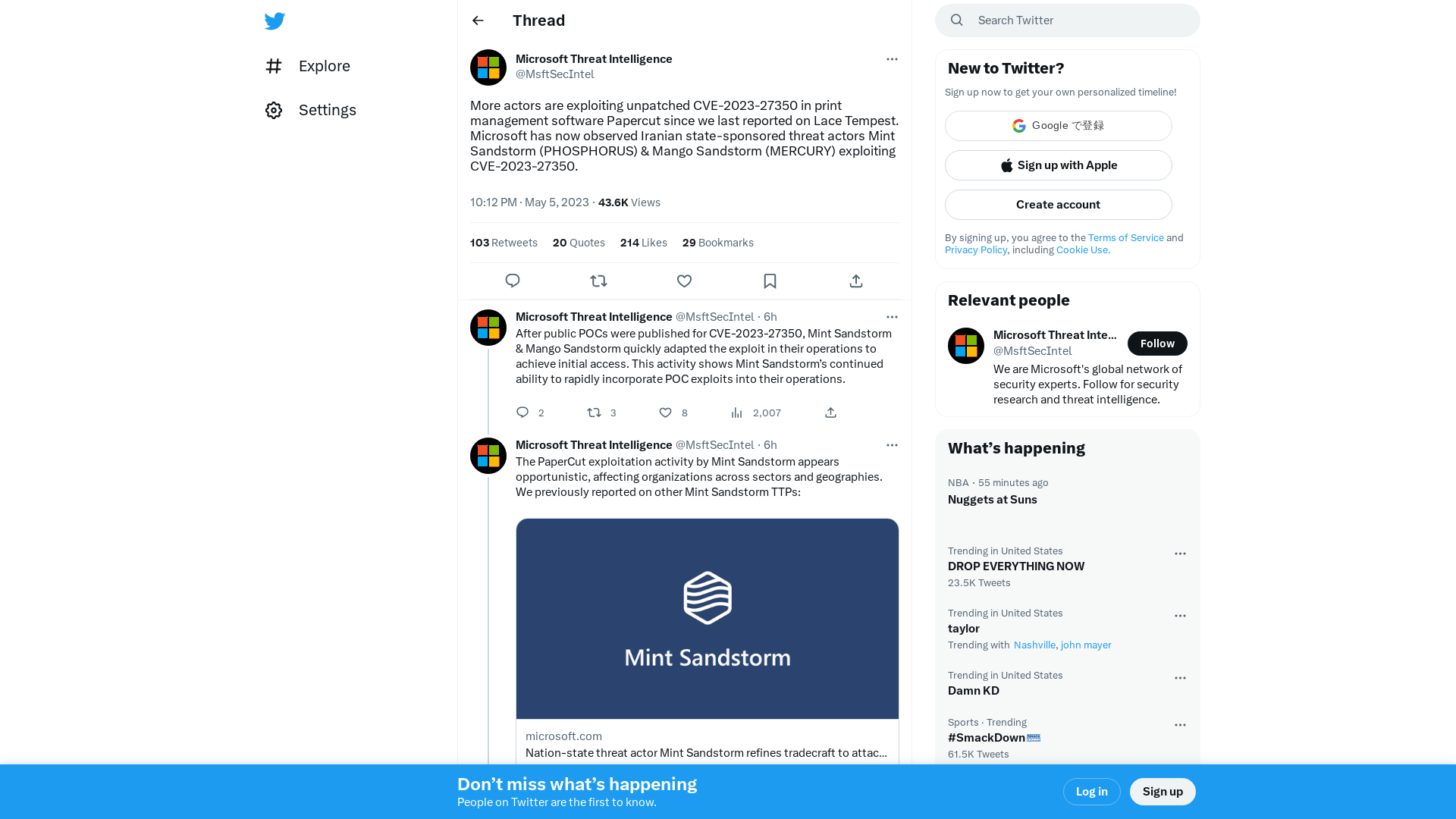 Microsoft Threat Intelligence on Twitter: "More actors are exploiting unpatched CVE-2023-27350 in print management software Papercut since we last reported on Lace Tempest. Microsoft has now observed Iranian state-sponsored threat actors Mint Sandstorm (PHOSPHORUS) &amp; Mango Sandstorm (MERCURY) exploiting CVE-2023-27350." / Twitter