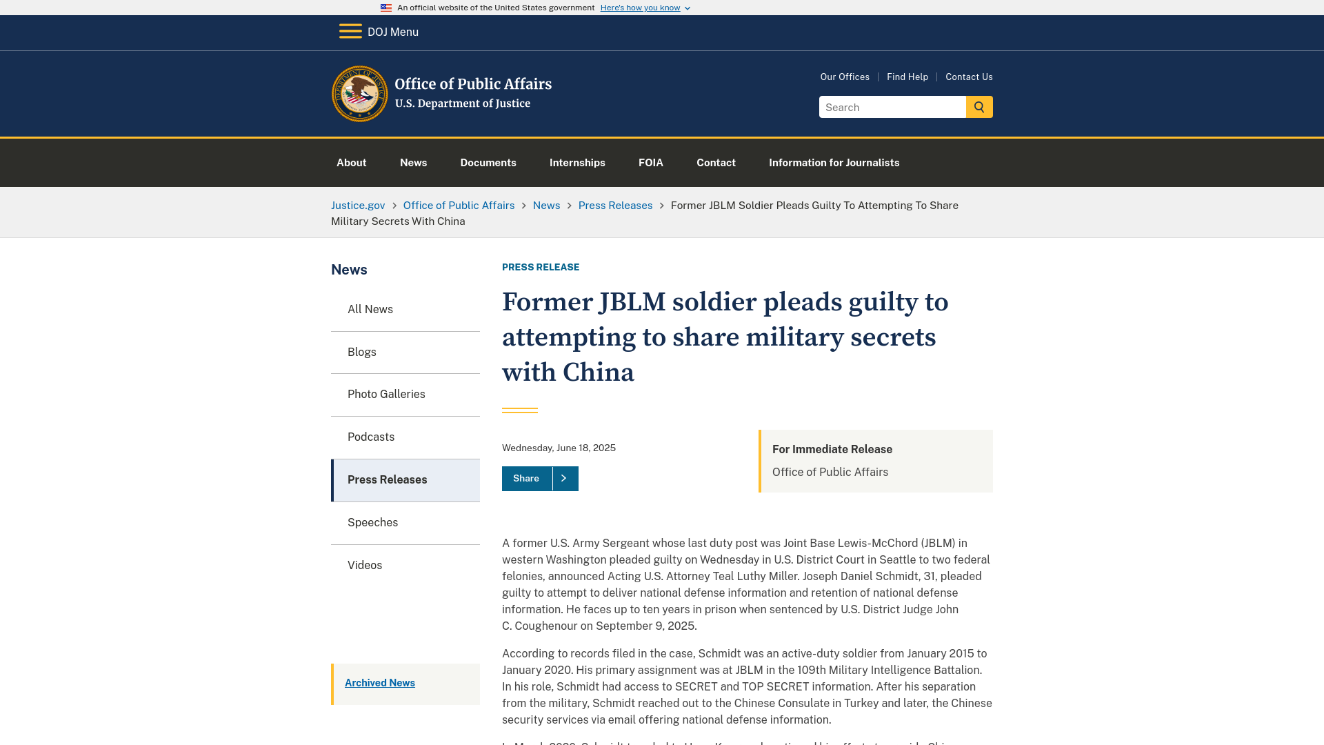 Office of Public Affairs | Former JBLM soldier pleads guilty to attempting to share military secrets with China | United States Department of Justice