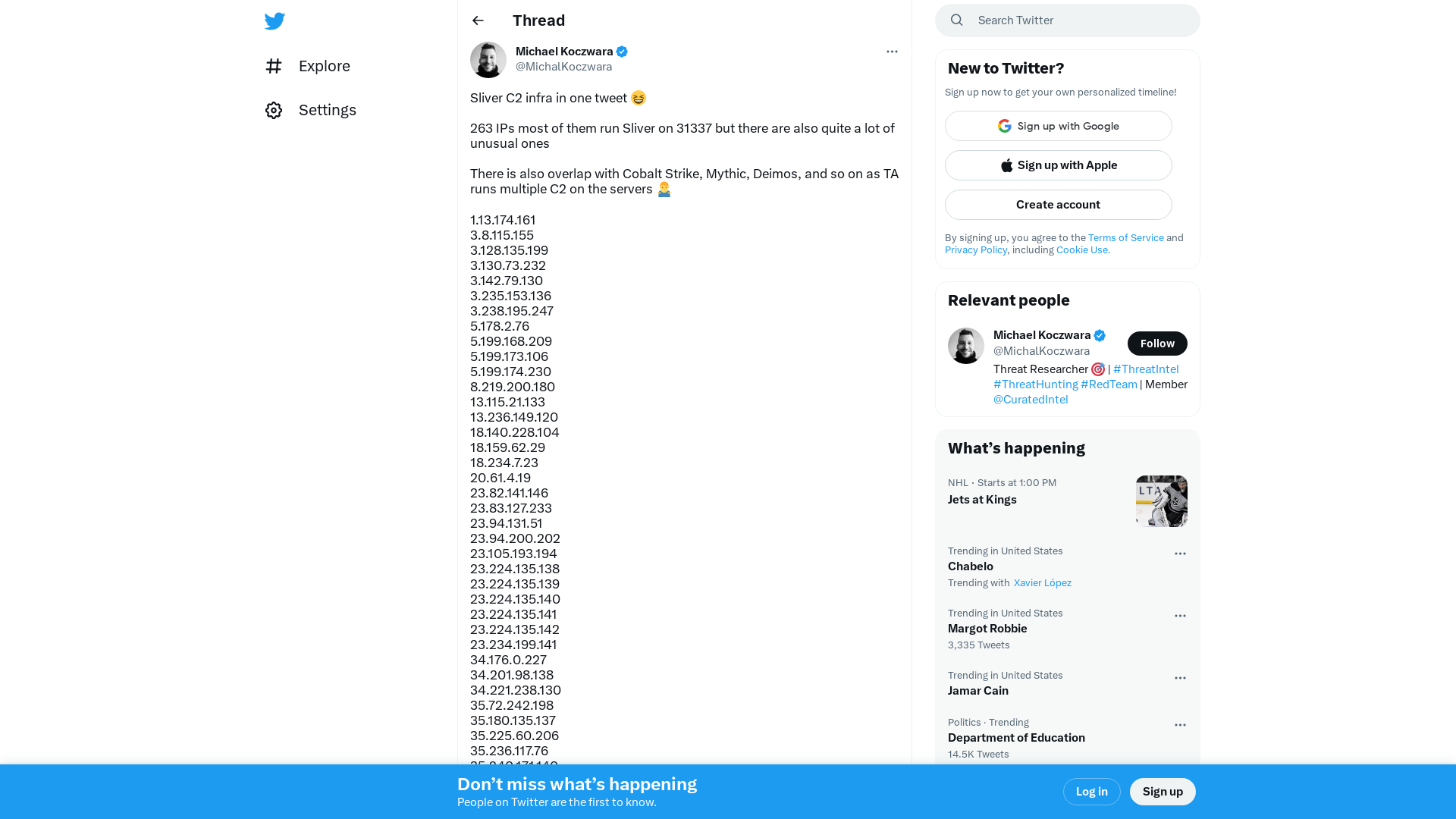 Michael Koczwara on Twitter: "Sliver C2 infra in one tweet 😆 263 IPs most of them run Sliver on 31337 but there are also quite a lot of unusual ones There is also overlap with Cobalt Strike, Mythic, Deimos, and so on as TA runs multiple C2 on the servers 🤷‍♂️ 1.13.174.161 3.8.115.155 3.128.135.199… https://t.co/znXZFP6Myt" / Twitter