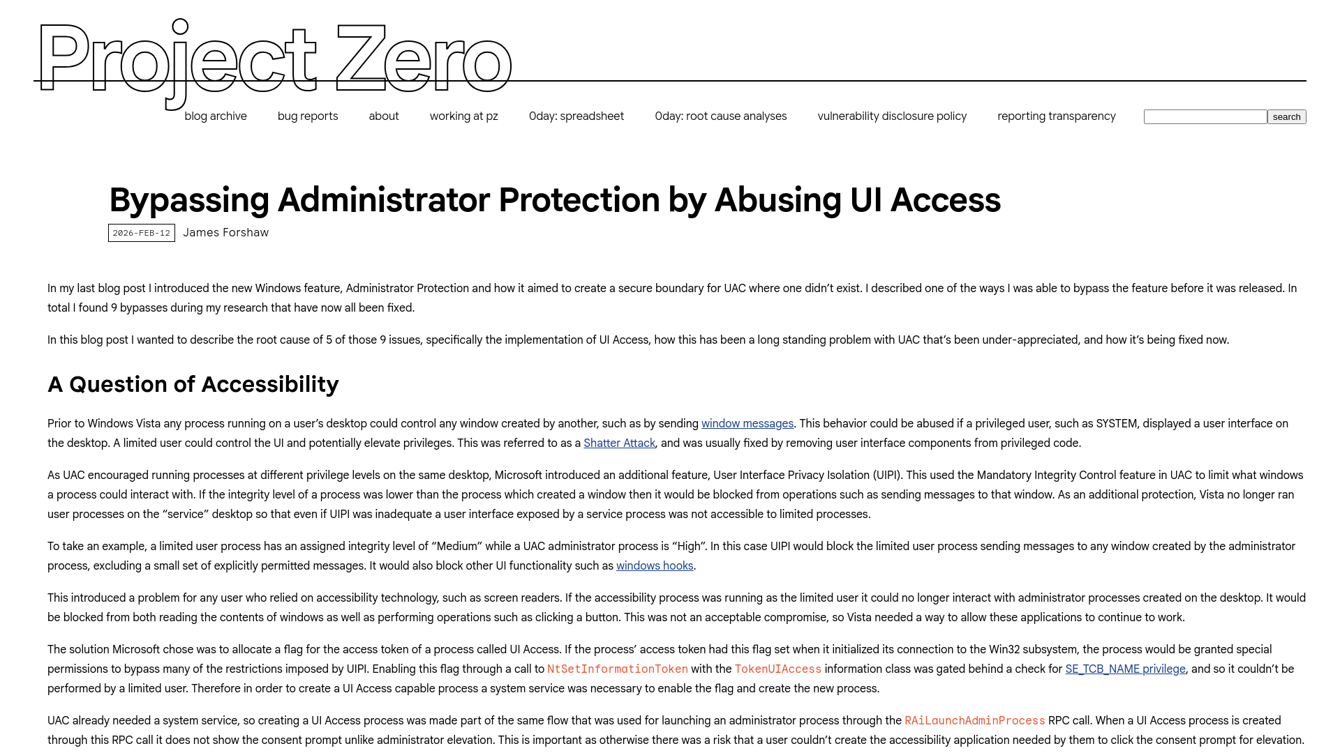 Bypassing Administrator Protection by Abusing UI Access - Project Zero