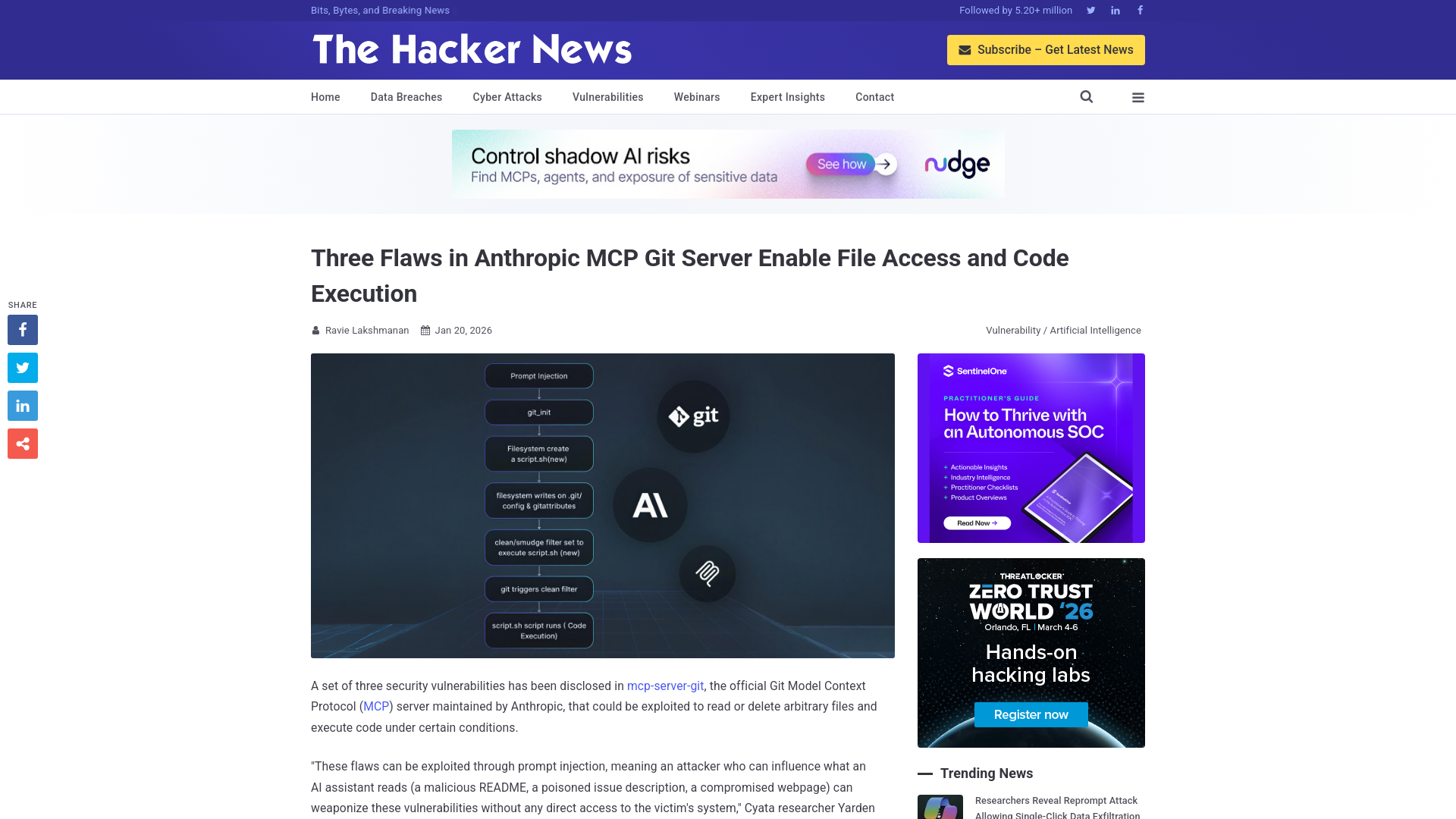 Three Flaws in Anthropic MCP Git Server Enable File Access and Code Execution