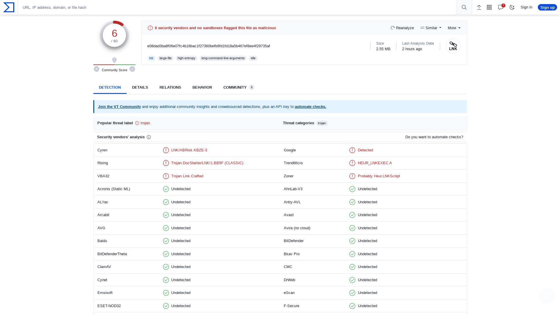 VirusTotal - File - e08dad3ba8f06e07fc4b18bac1f27360befb6fd1fd18a5b467ef8ee4f29735af