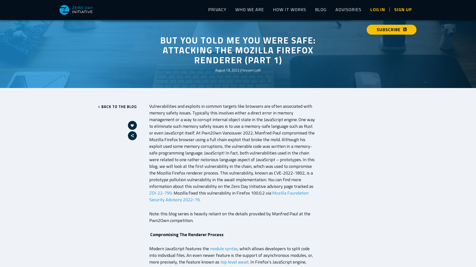 Zero Day Initiative — But You Told Me You Were Safe: Attacking the Mozilla Firefox Renderer (Part 1)