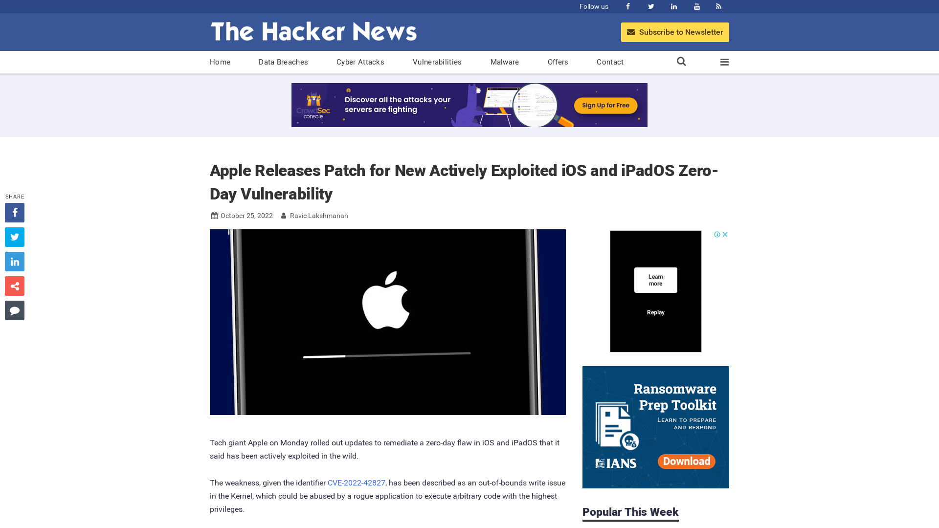 Apple Releases Patch for New Actively Exploited iOS and iPadOS Zero-Day Vulnerability
