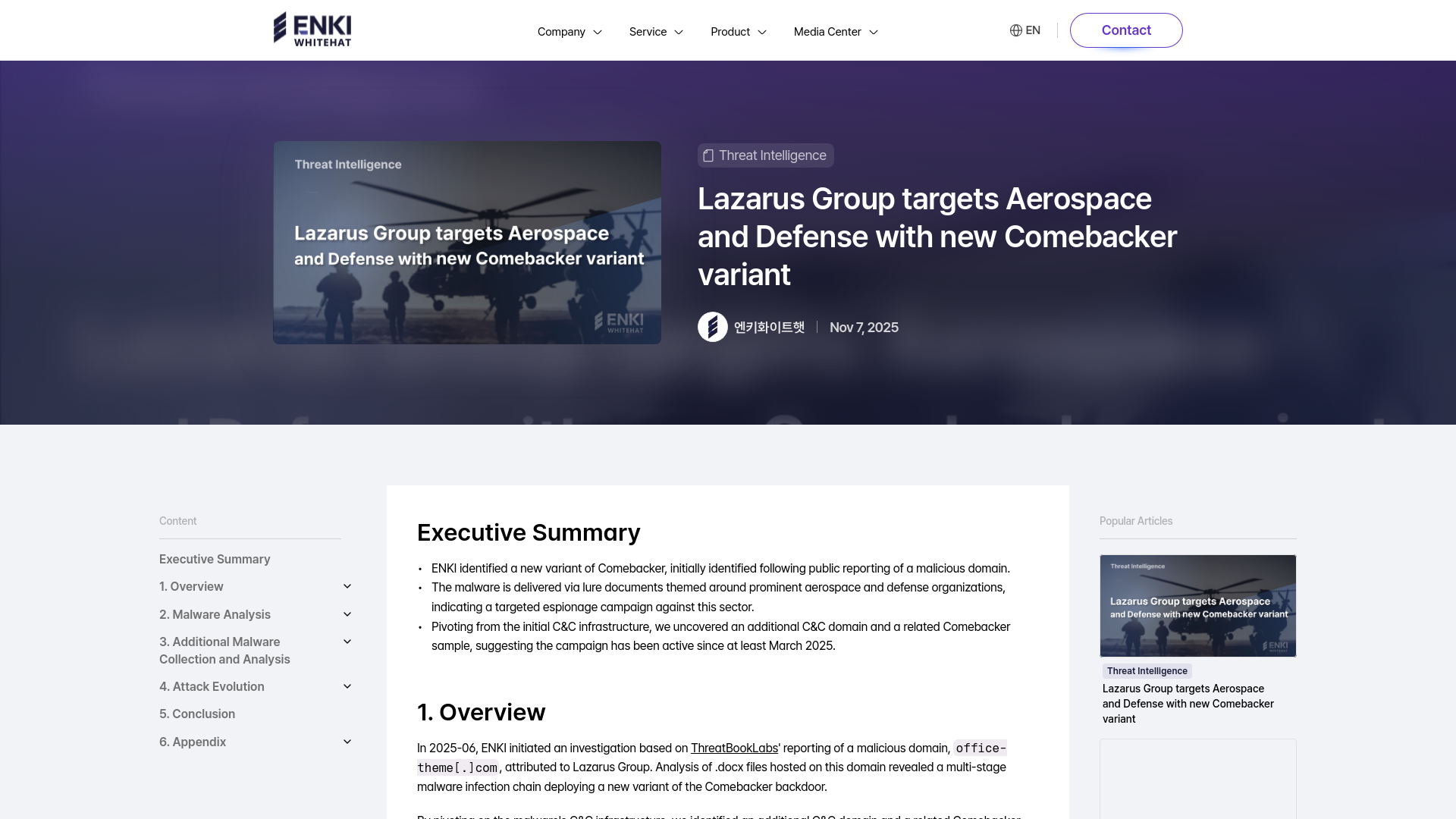 Lazarus Group targets Aerospace and Defense with new Comebacker variant | Enki White Hat