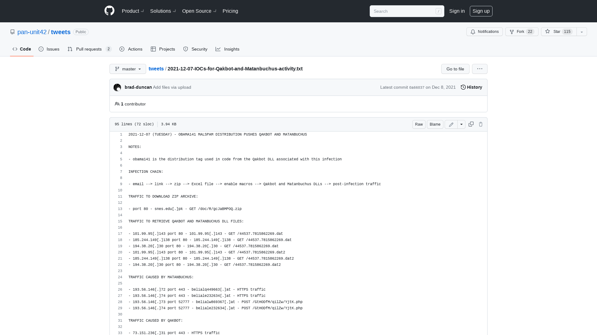 tweets/2021-12-07-IOCs-for-Qakbot-and-Matanbuchus-activity.txt at master · pan-unit42/tweets · GitHub