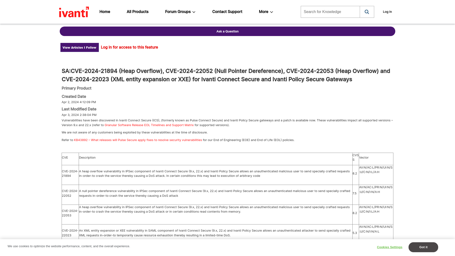 SA:CVE-2024-21894 (Heap Overflow), CVE-2024-22052 (Null Pointer Dereference), CVE-2024-22053 (Heap Overflow) and CVE-2024-22023 (XML entity expansion or XXE) for Ivanti Connect Secure and Ivanti Policy Secure Gateways