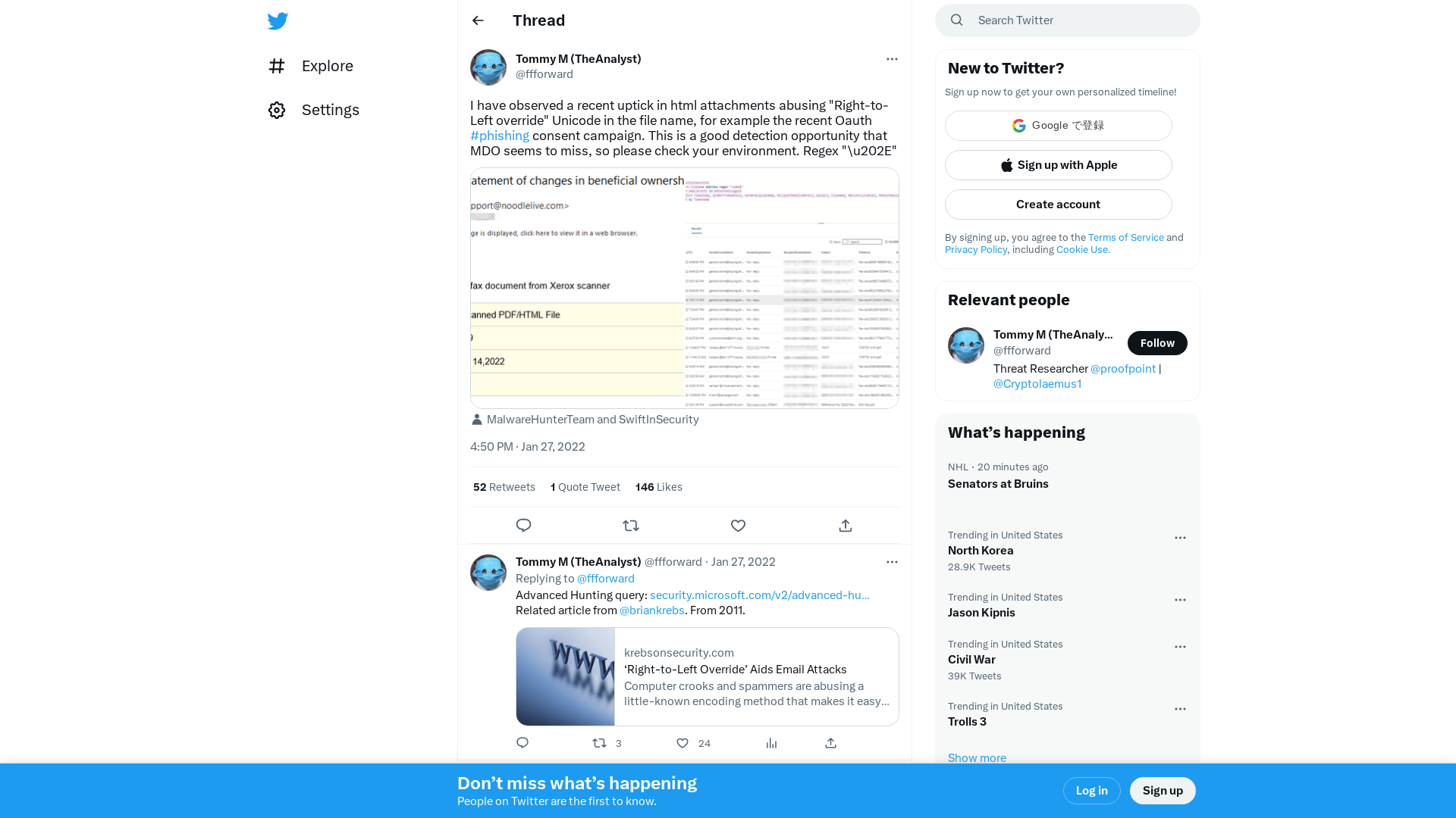Tommy M (TheAnalyst) on Twitter: "I have observed a recent uptick in html attachments abusing "Right-to-Left override" Unicode in the file name, for example the recent Oauth #phishing consent campaign. This is a good detection opportunity that MDO seems to miss, so please check your environment. Regex "\u202E" https://t.co/TfFBpcSghv" / Twitter