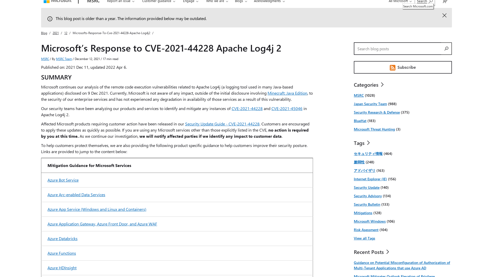 Microsoft’s Response to CVE-2021-44228 Apache Log4j 2 | MSRC Blog | Microsoft Security Response Center