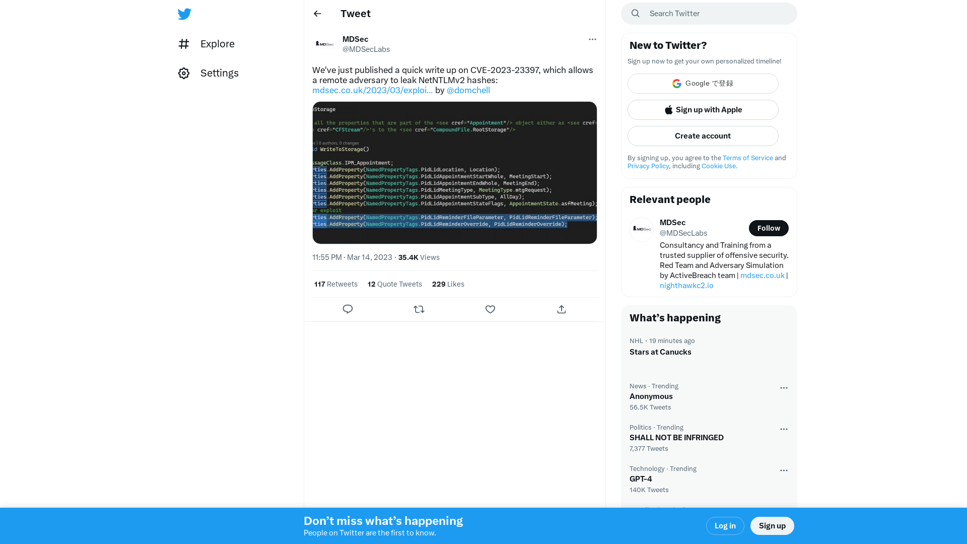 MDSec on Twitter: "We've just published a quick write up on CVE-2023-23397, which allows a remote adversary to leak NetNTLMv2 hashes: https://t.co/xDxGwJfY2e by @domchell https://t.co/hmZsMZDz2P" / Twitter