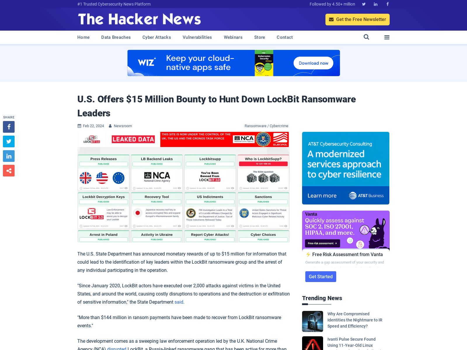 U.S. Offers $15 Million Bounty to Hunt Down LockBit Ransomware Leaders