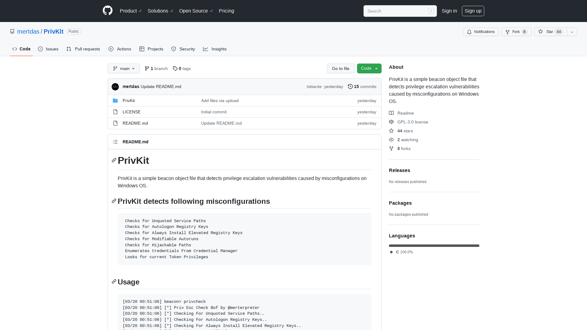 GitHub - mertdas/PrivKit: PrivKit is a simple beacon object file that detects privilege escalation vulnerabilities caused by misconfigurations on Windows OS.