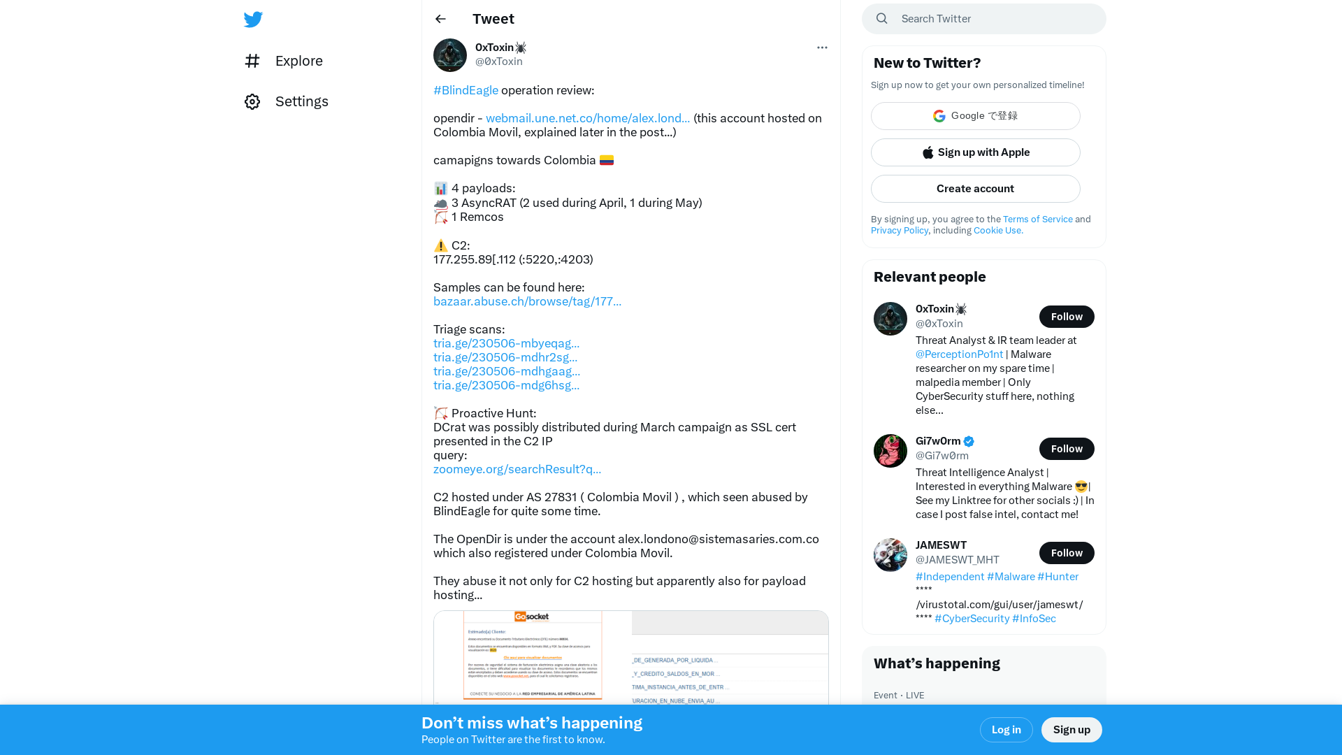 0xToxin🕷️ on Twitter: "#BlindEagle operation review: opendir - https://t.co/6ST8oCyPFF (this account hosted on Colombia Movil, explained later in the post...) camapigns towards Colombia 🇨🇴 📊 4 payloads: 🐀 3 AsyncRAT (2 used during April, 1 during May) 🏹 1 Remcos ⚠️ C2: 177.255.89[.112… https://t.co/YFWyCbw3Gb" / Twitter