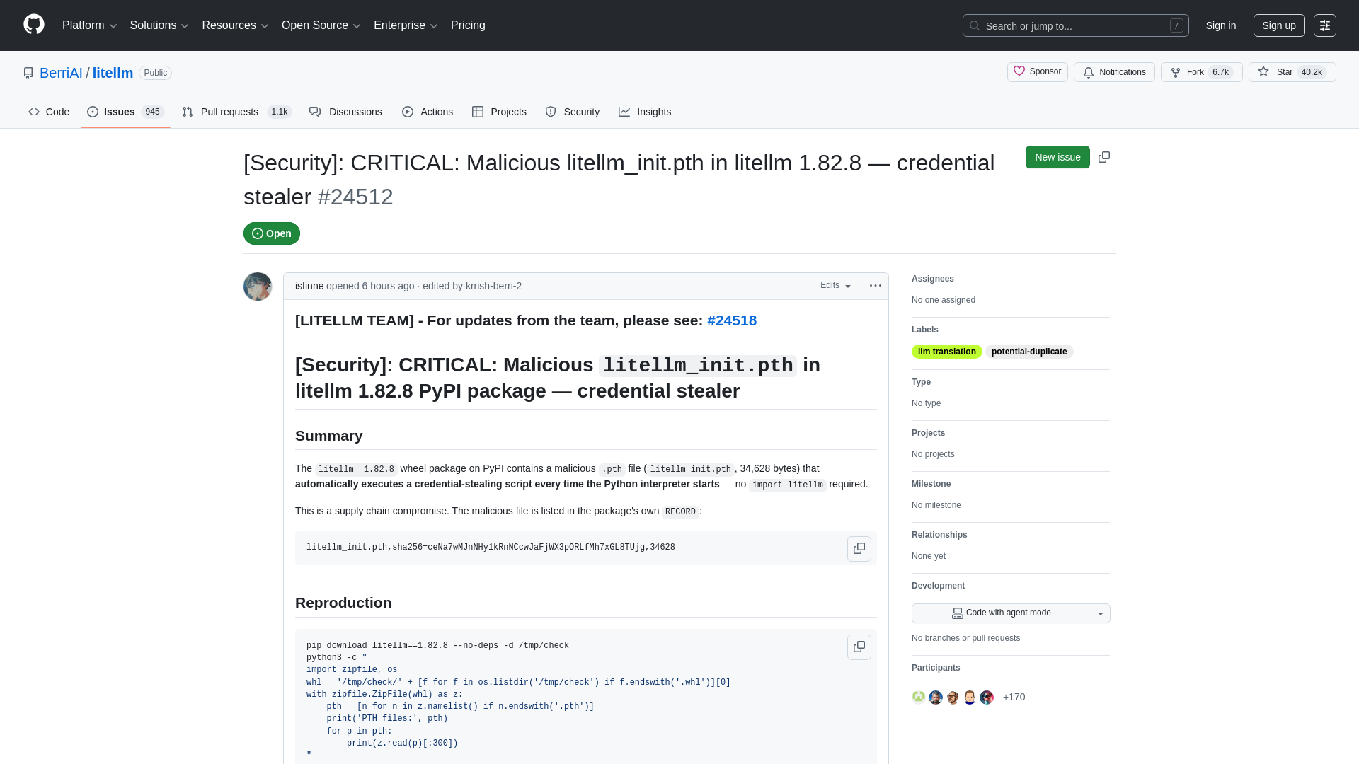 [Security]: CRITICAL: Malicious litellm_init.pth in litellm 1.82.8 — credential stealer · Issue #24512 · BerriAI/litellm