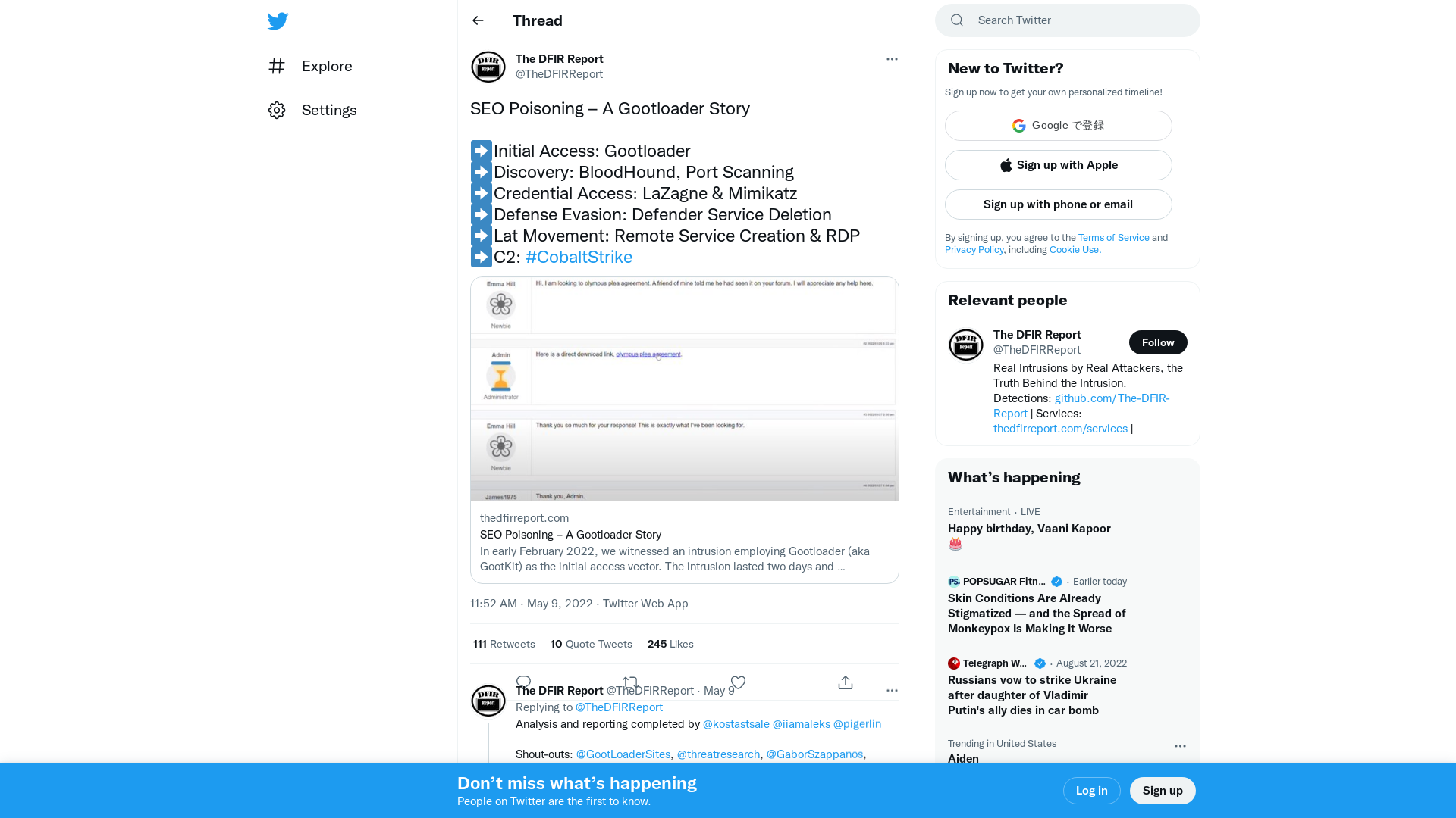 The DFIR Report on Twitter: "SEO Poisoning – A Gootloader Story ➡️Initial Access: Gootloader ➡️Discovery: BloodHound, Port Scanning ➡️Credential Access: LaZagne &amp; Mimikatz ➡️Defense Evasion: Defender Service Deletion ➡️Lat Movement: Remote Service Creation &amp; RDP ➡️C2: #CobaltStrike https://t.co/HQgXlU71lX" / Twitter