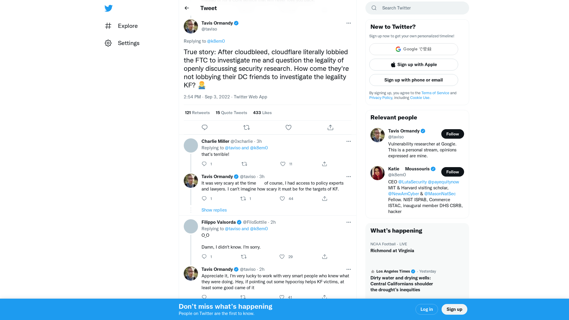 Tavis Ormandy on Twitter: "@k8em0 True story: After cloudbleed, cloudflare literally lobbied the FTC to investigate me and question the legality of openly discussing security research. How come they're not lobbying their DC friends to investigate the legality KF? 🤷‍♂️" / Twitter