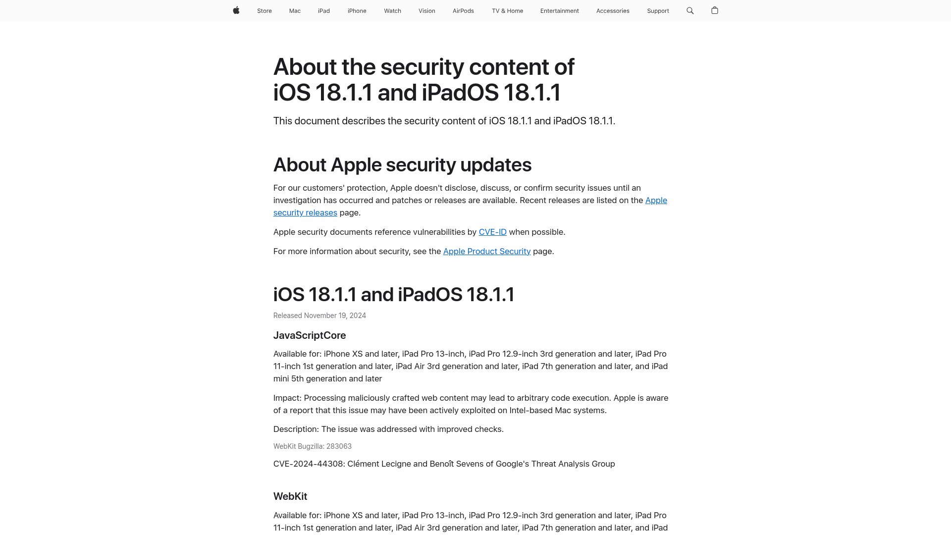 About the security content of iOS 18.1.1 and iPadOS 18.1.1 - Apple Support