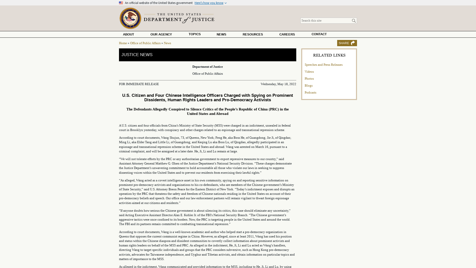U.S. Citizen and Four Chinese Intelligence Officers Charged with Spying on Prominent Dissidents, Human Rights Leaders and Pro-Democracy Activists | OPA | Department of Justice