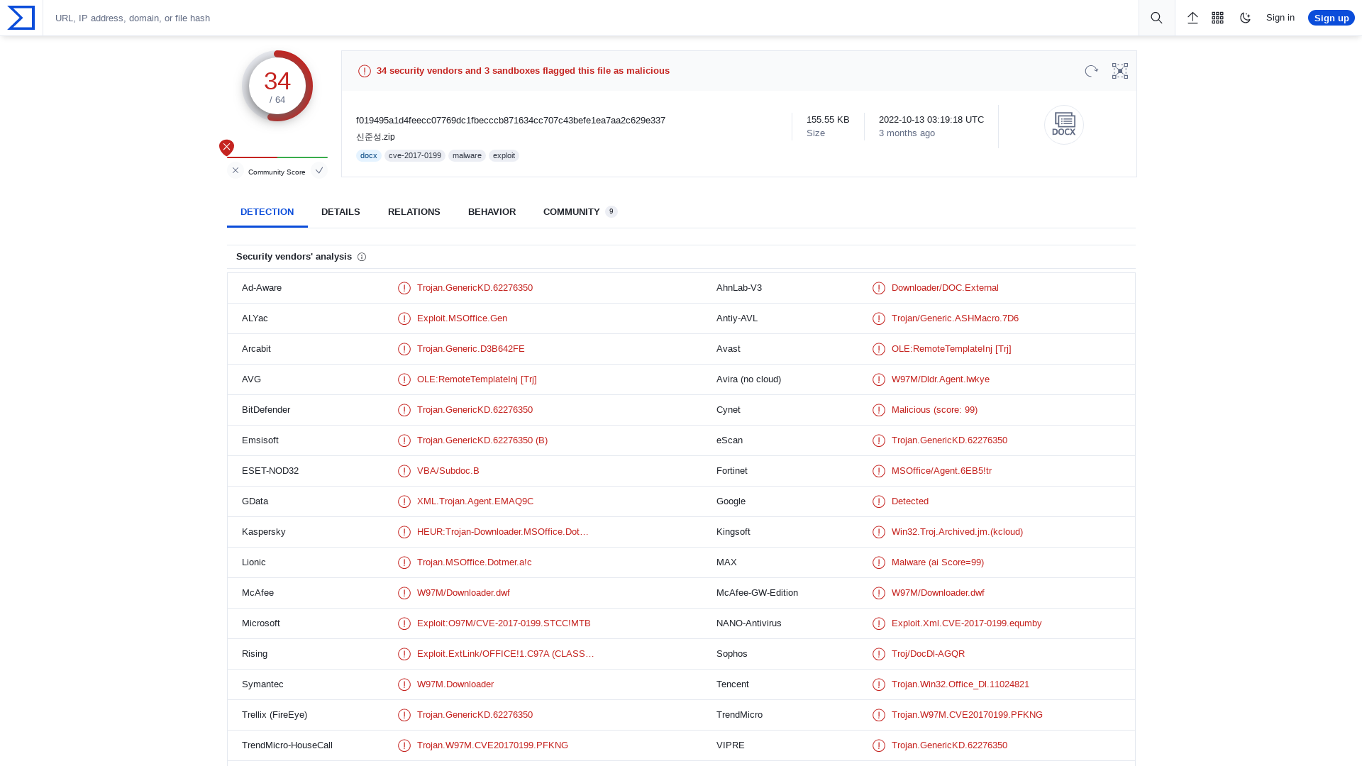 VirusTotal - File - f019495a1d4feecc07769dc1fbecccb871634cc707c43befe1ea7aa2c629e337