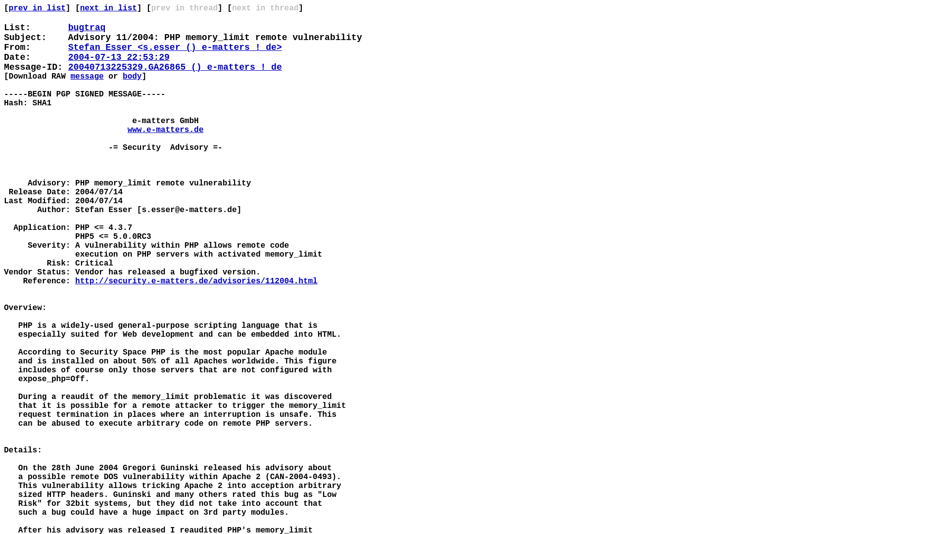 'Advisory 11/2004: PHP memory_limit remote vulnerability' - MARC