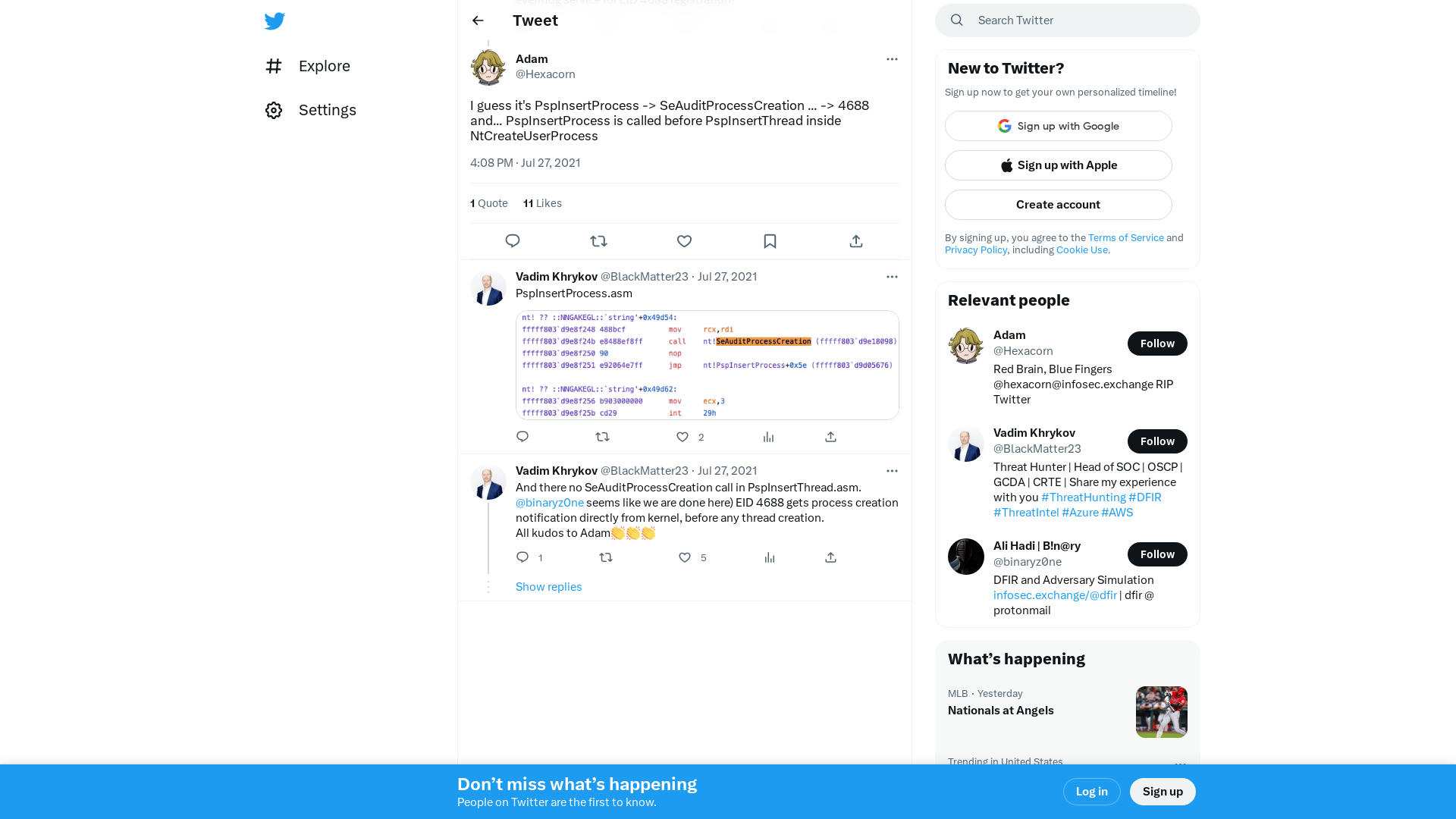 Adam on Twitter: "@BlackMatter23 @binaryz0ne @ionstorm @zodiacon I guess it's PspInsertProcess -> SeAuditProcessCreation ... -> 4688 and... PspInsertProcess is called before PspInsertThread inside NtCreateUserProcess" / Twitter